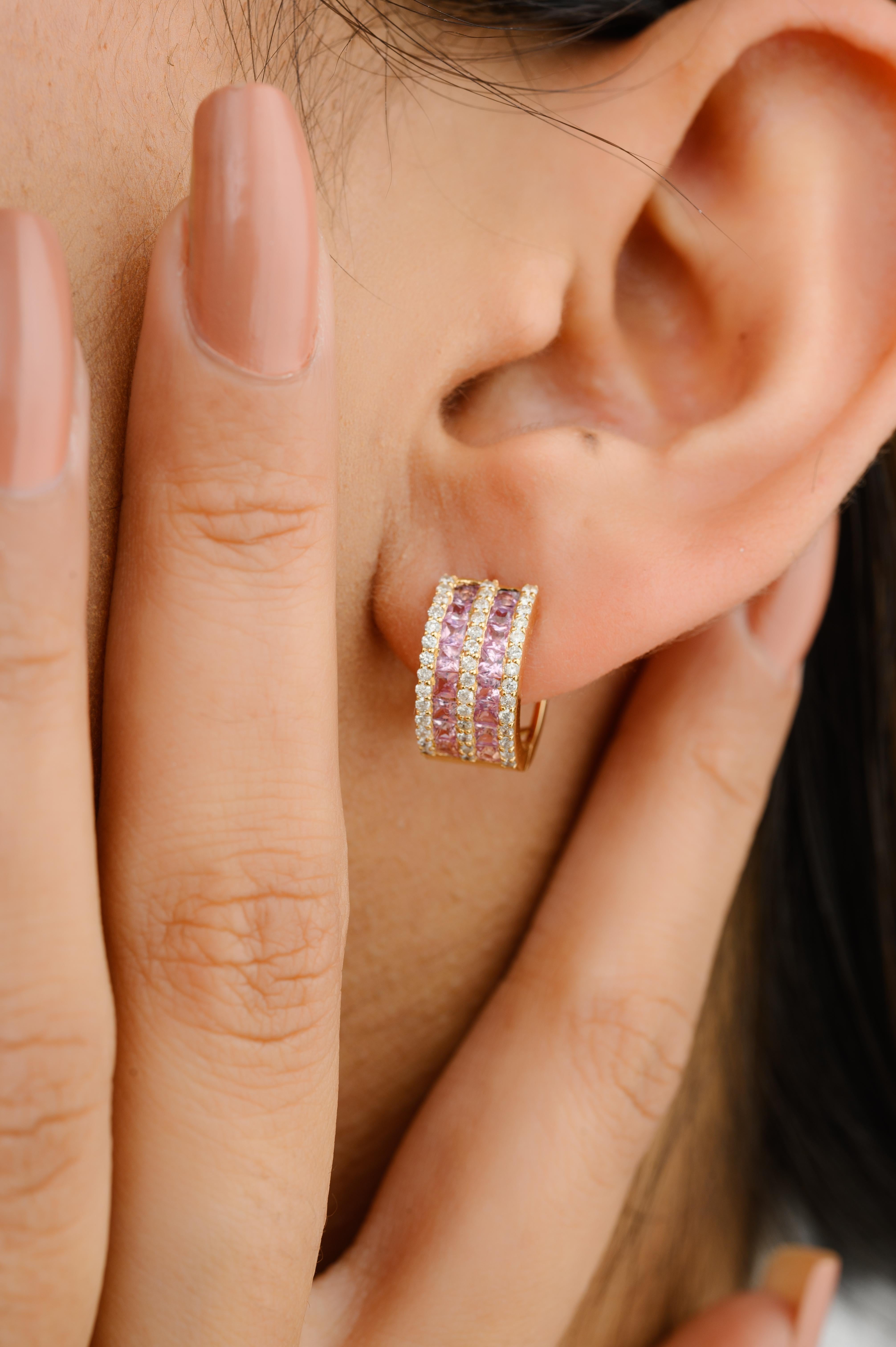 Modern Pink Sapphire and Diamond Huggie Hoop Earring for Women in 18k Yellow Gold For Sale