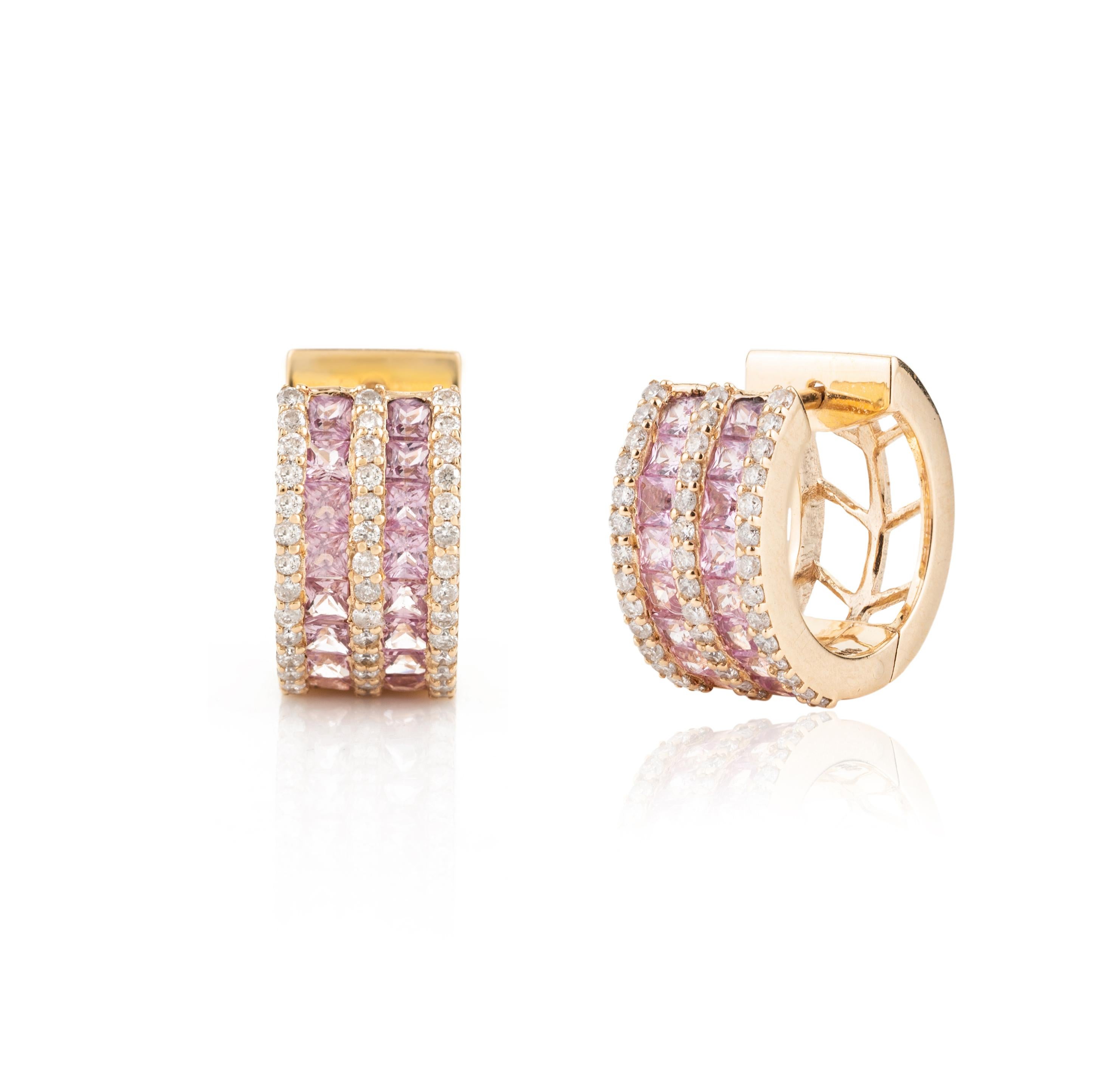 Square Cut Pink Sapphire and Diamond Huggie Hoop Earring for Women in 18k Yellow Gold For Sale