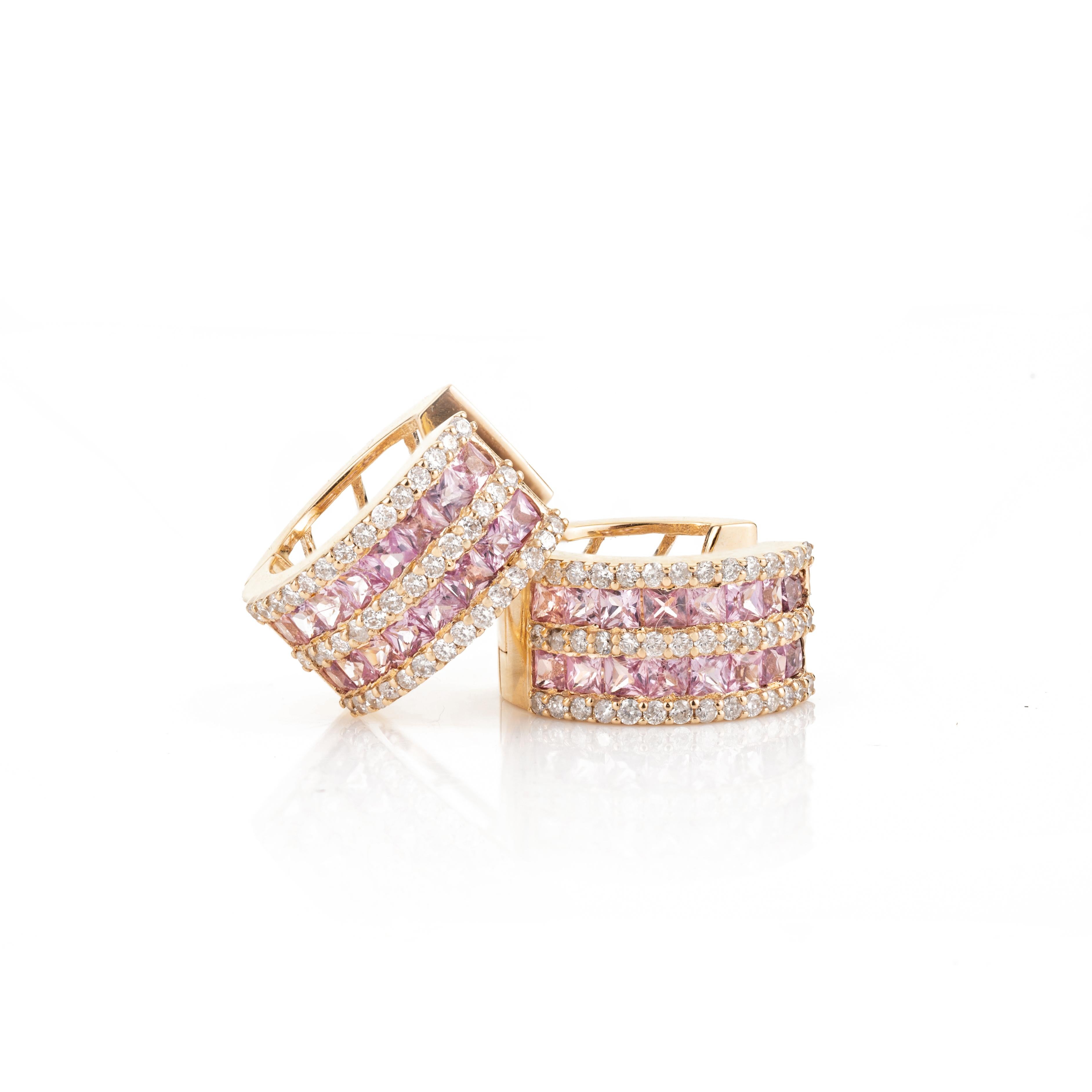 Women's Pink Sapphire and Diamond Huggie Hoop Earring for Women in 18k Yellow Gold For Sale