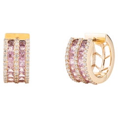 Pink Sapphire and Diamond Huggie Hoop Earring for Women in 18k Yellow Gold