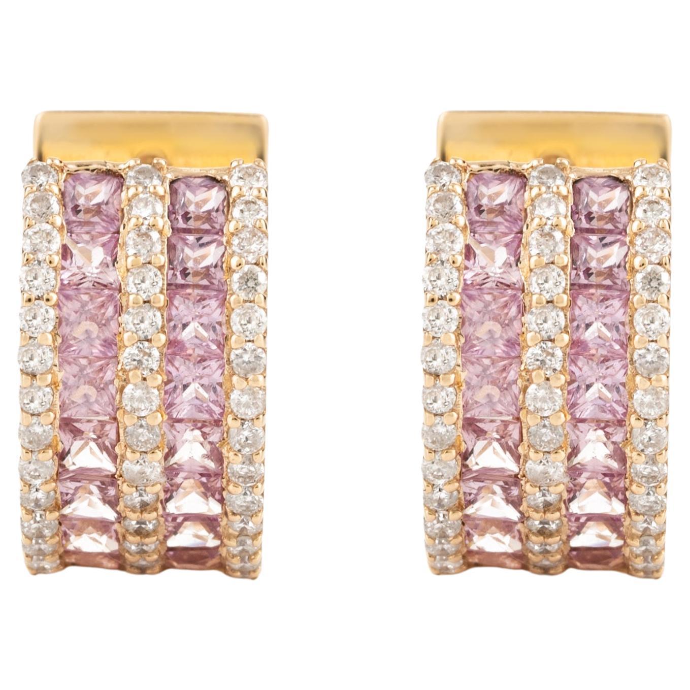 Pink Sapphire and Diamond Huggie Hoop Earring for Women in 18k Yellow Gold
