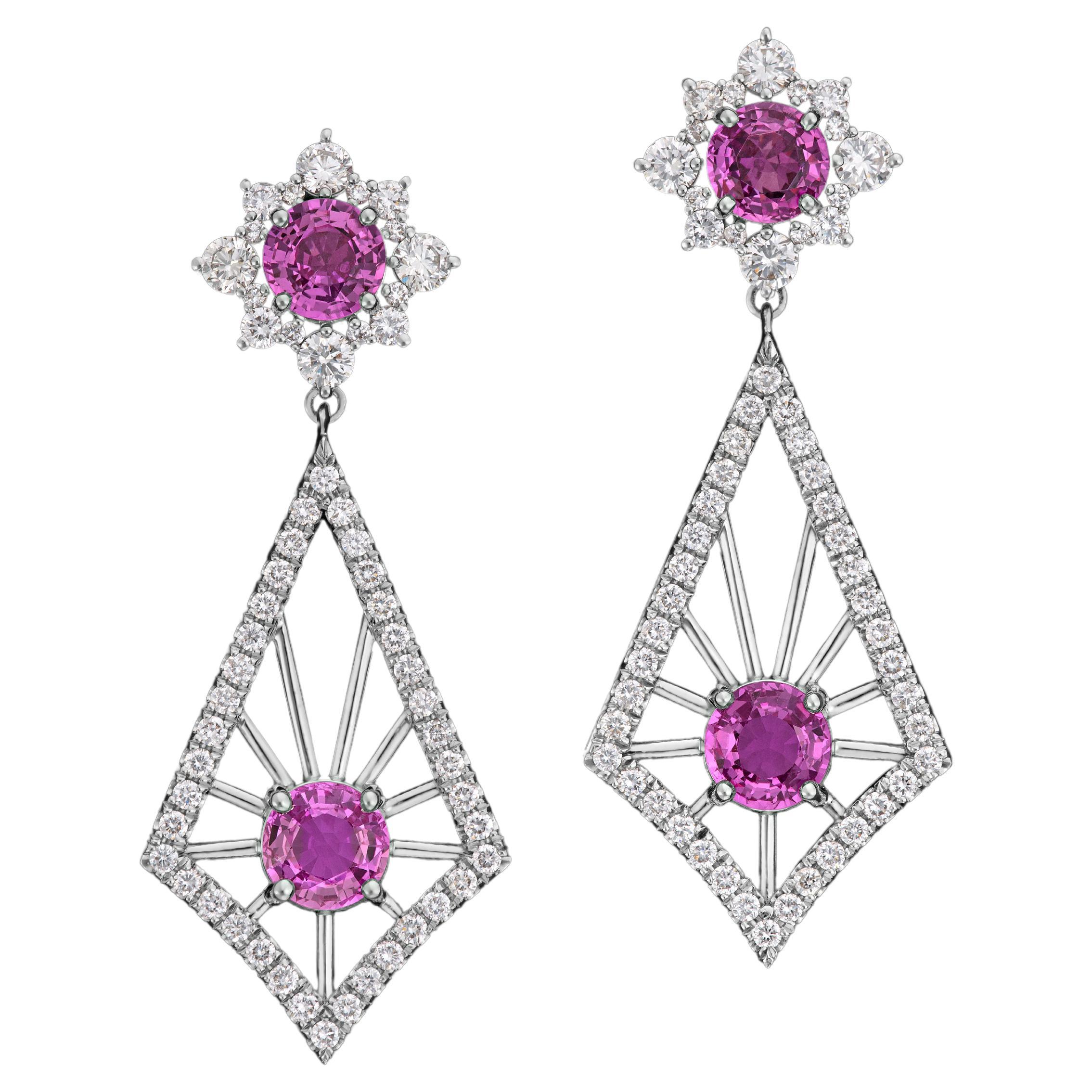 Pink sapphire and Diamond Kite Earrings For Sale
