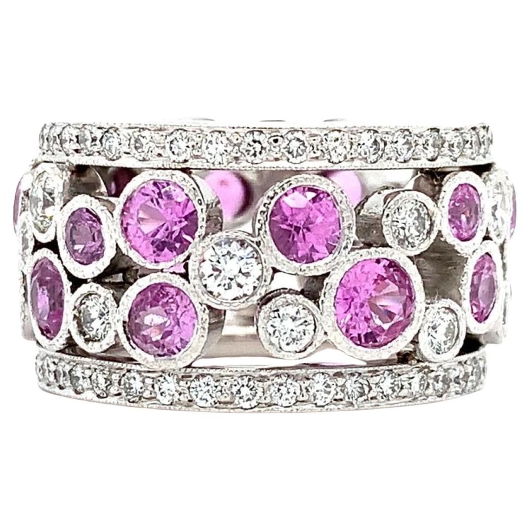 Pink sapphire and diamond large fashion cocktail ring 18k white gold