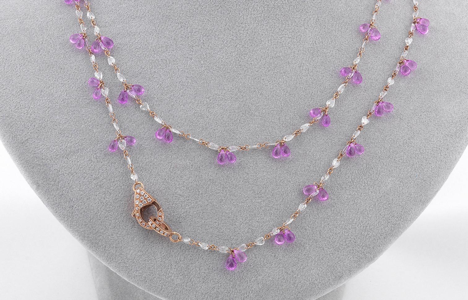 Contemporary Pink Sapphire and Diamond Long Chain Necklace For Sale