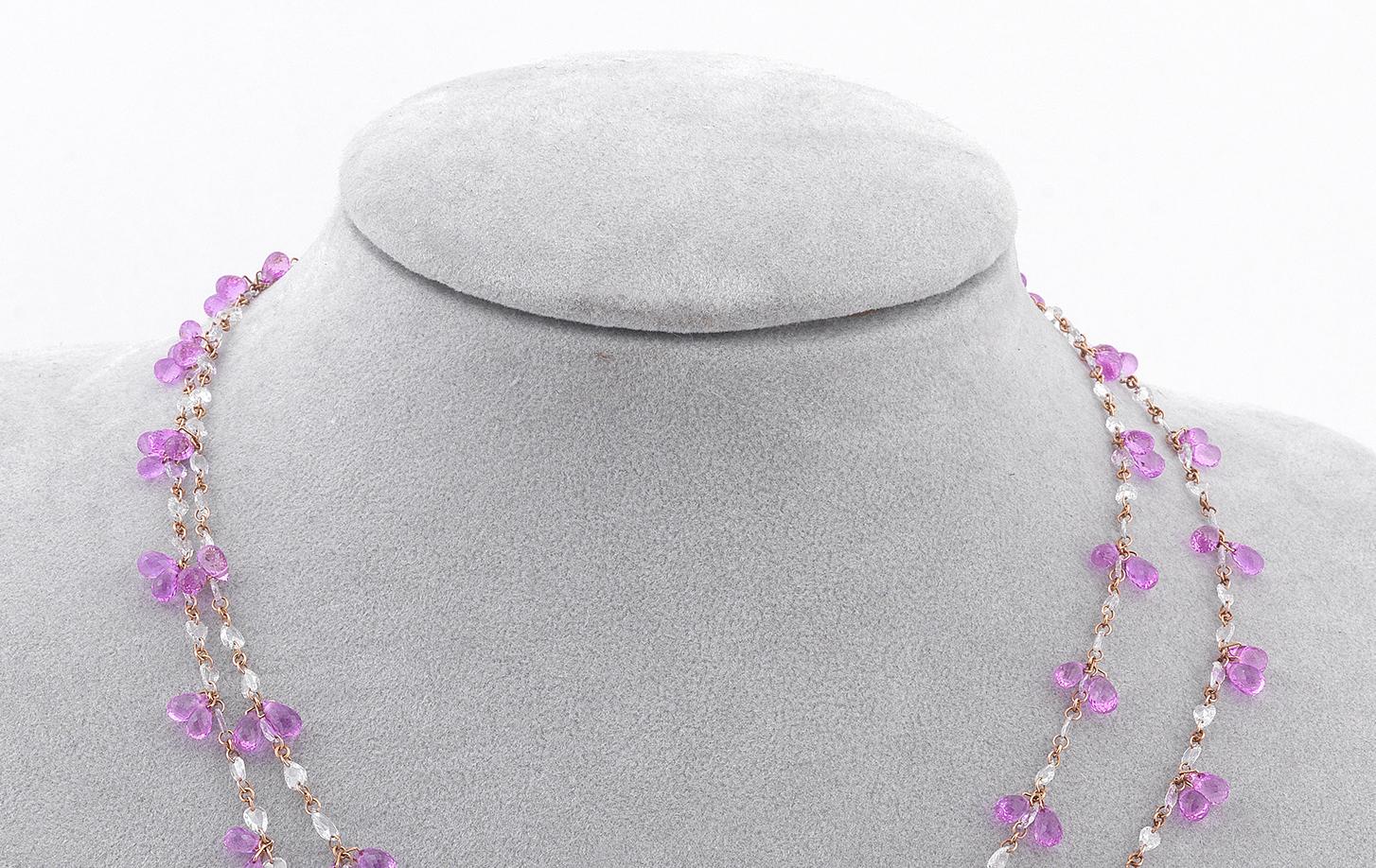 Brilliant Cut Pink Sapphire and Diamond Long Chain Necklace For Sale