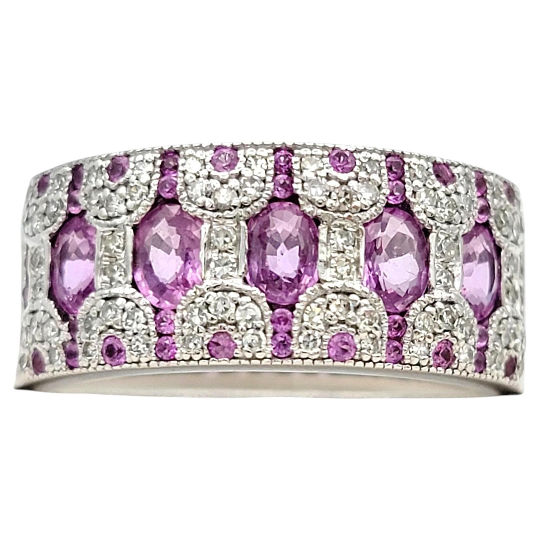 Pink Sapphire and Diamond Milgrain Band Ring in 14 Karat White Gold
