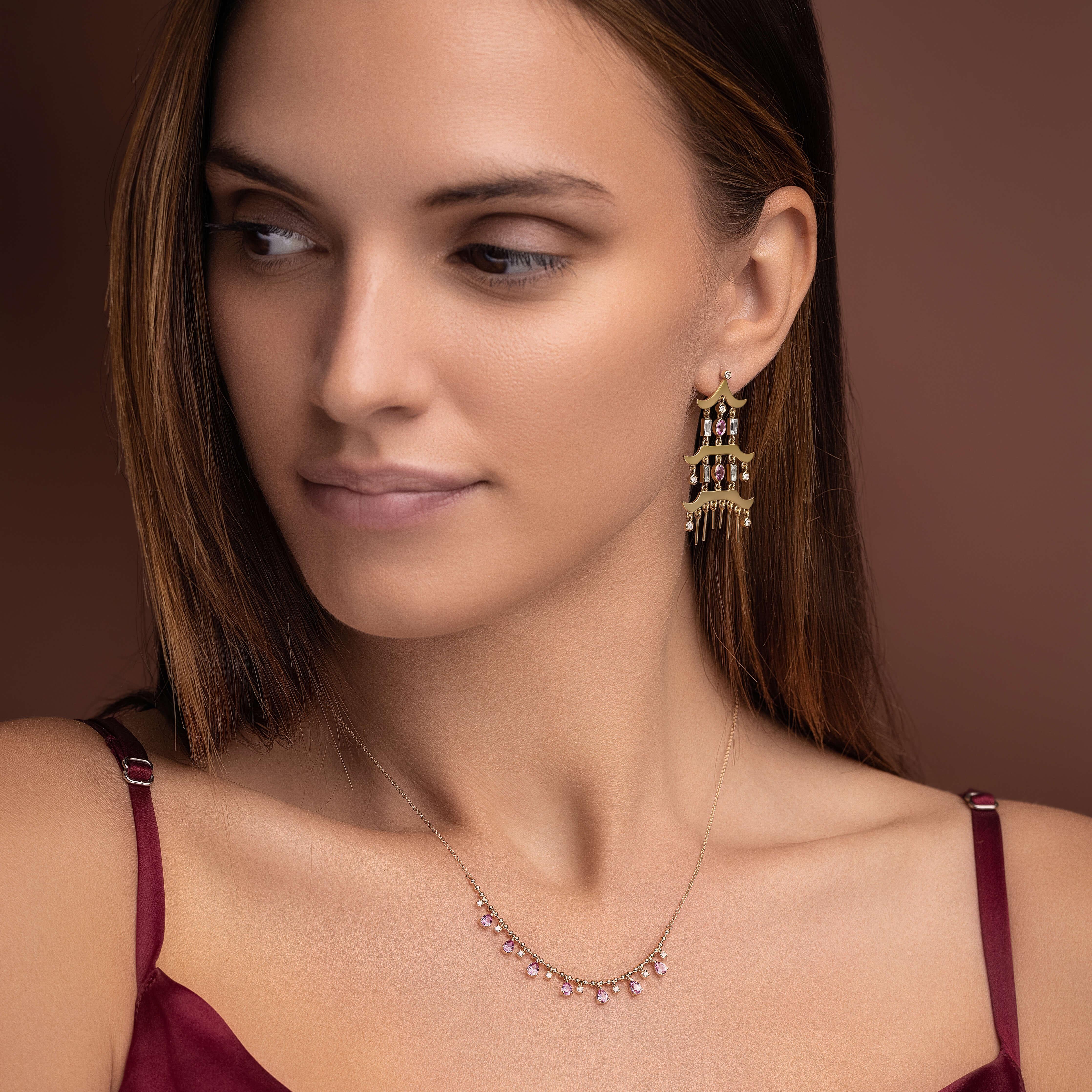 These intricate statement earrings are based on an historical Far East pagoda design. They were chosen for the Artist Exhibit during Milano Jewelry week in 2024 and featured in Vogue Magazine. Artisan crafted in 14k yellow gold with:
0.27 ctw