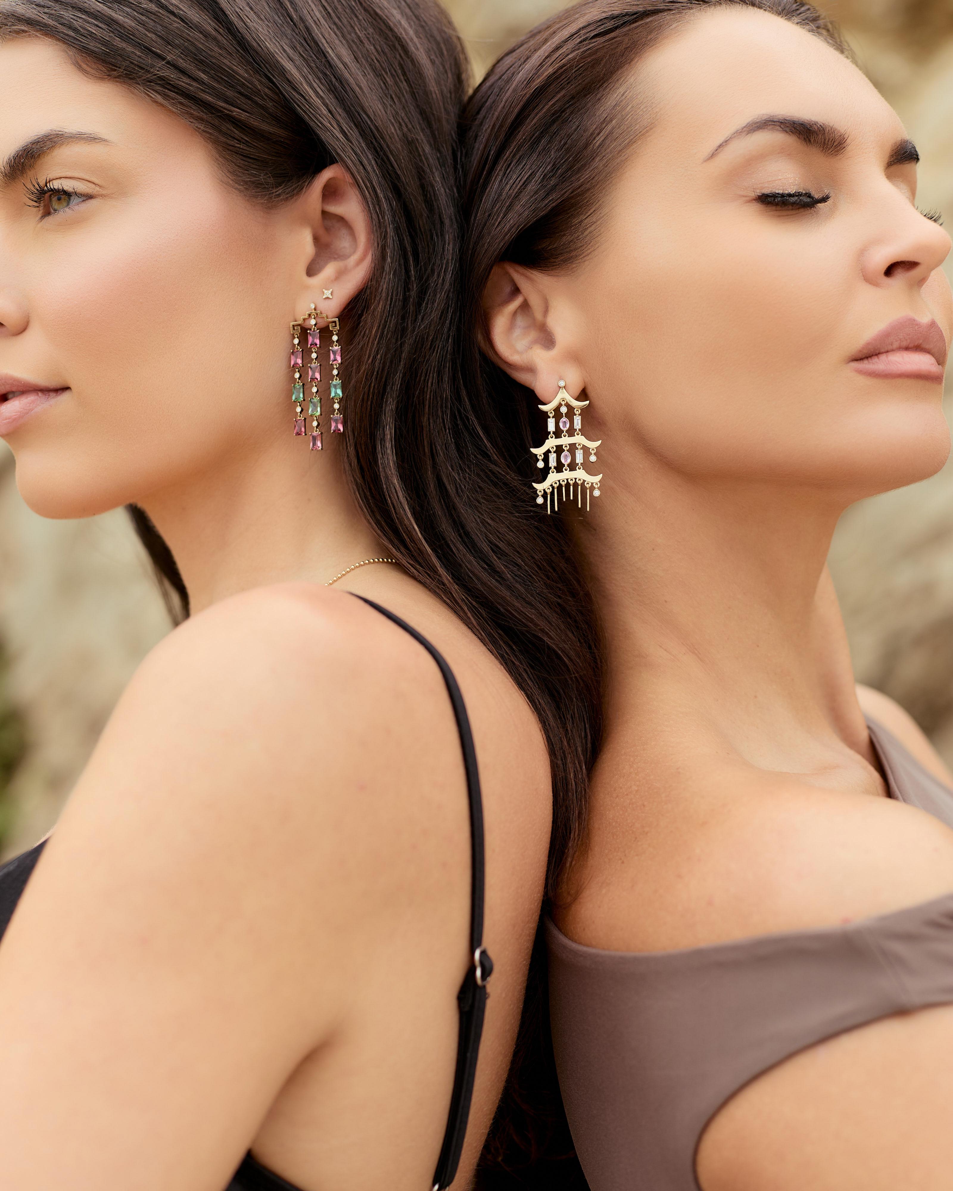 Artisan Pink Sapphire and Diamond Pagoda Earrings For Sale