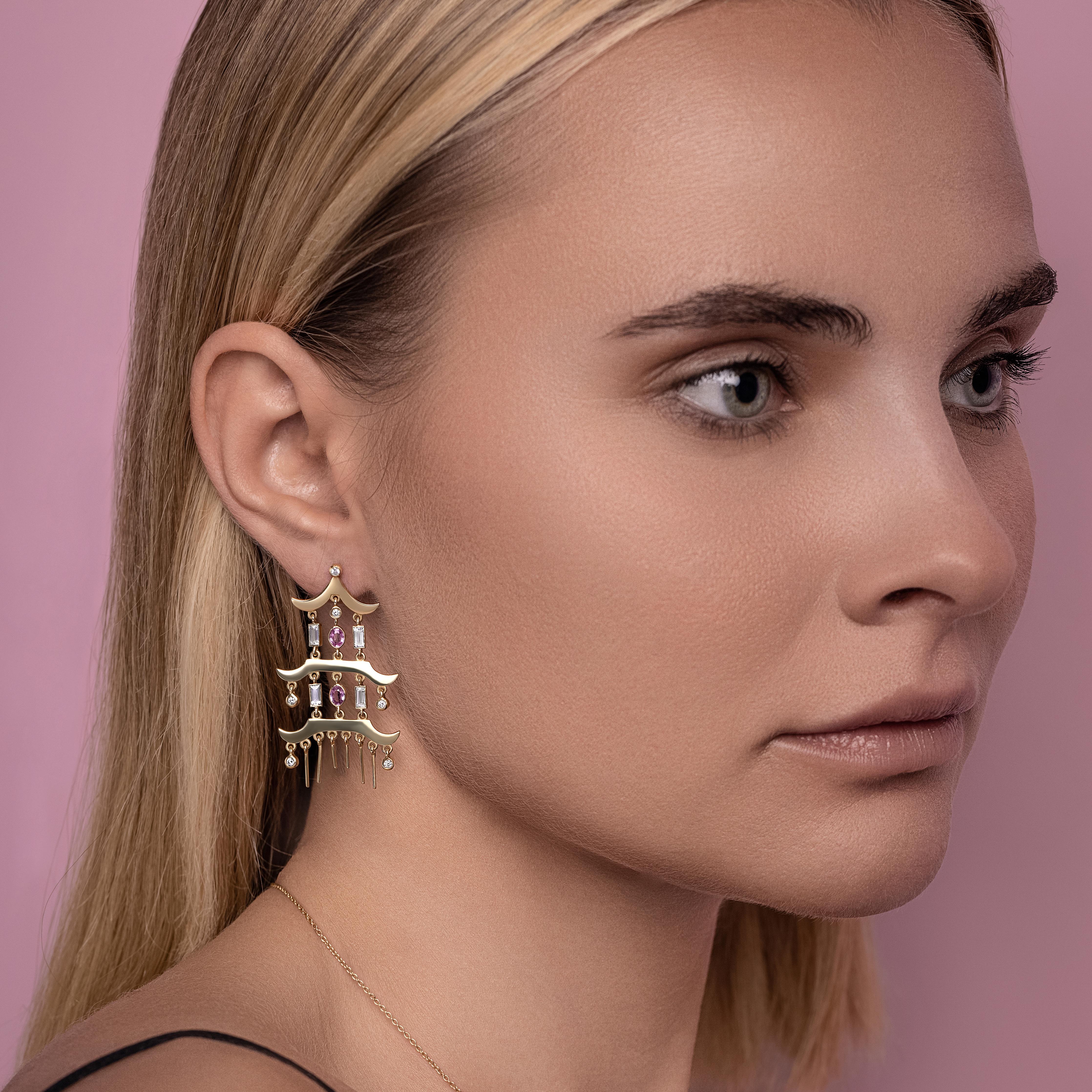 Cushion Cut Pink Sapphire and Diamond Pagoda Earrings For Sale