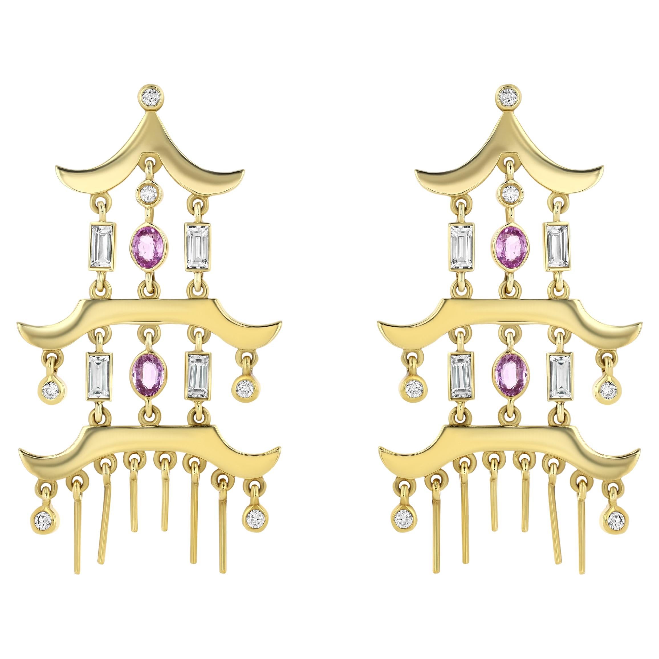 Pink Sapphire and Diamond Pagoda Earrings