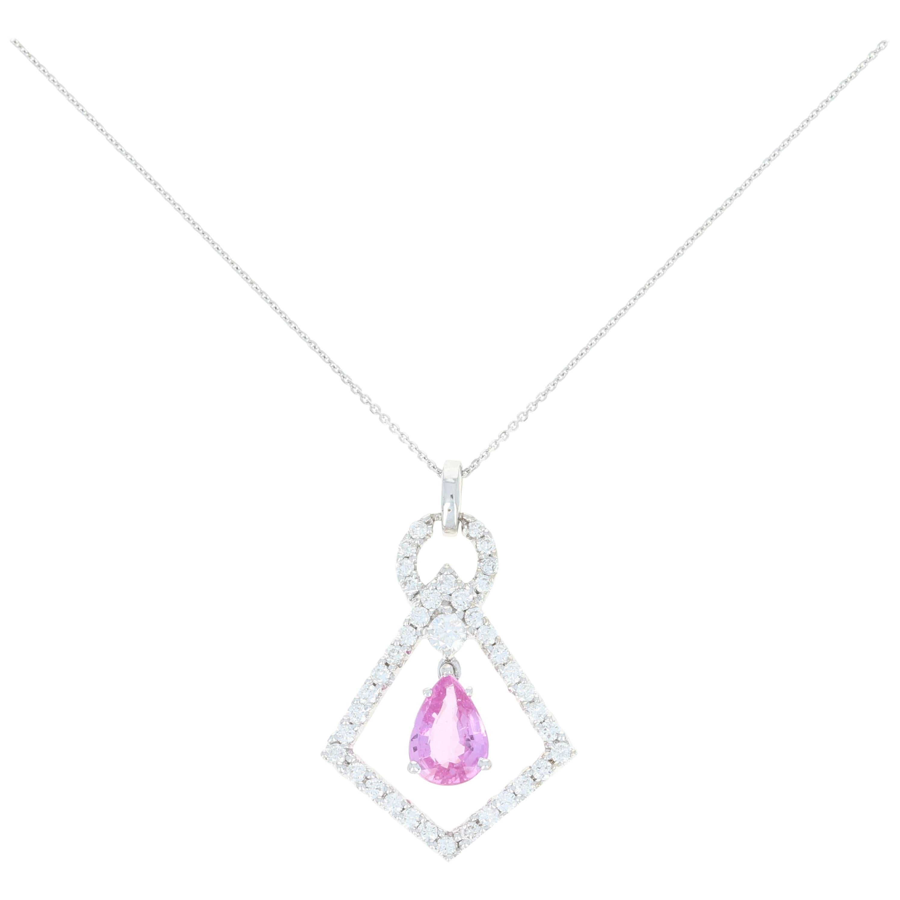 Pink Sapphire and Diamond Pendant Necklace, 14k Gold Pear Brilliant 1.61 Carat