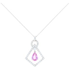 Pink Sapphire and Diamond Pendant Necklace, 14k Gold Pear Brilliant 1.61 Carat