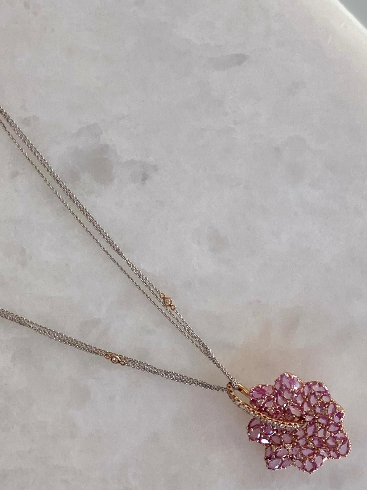 Round Cut Pink Sapphire and Diamond Pendant Necklace For Sale