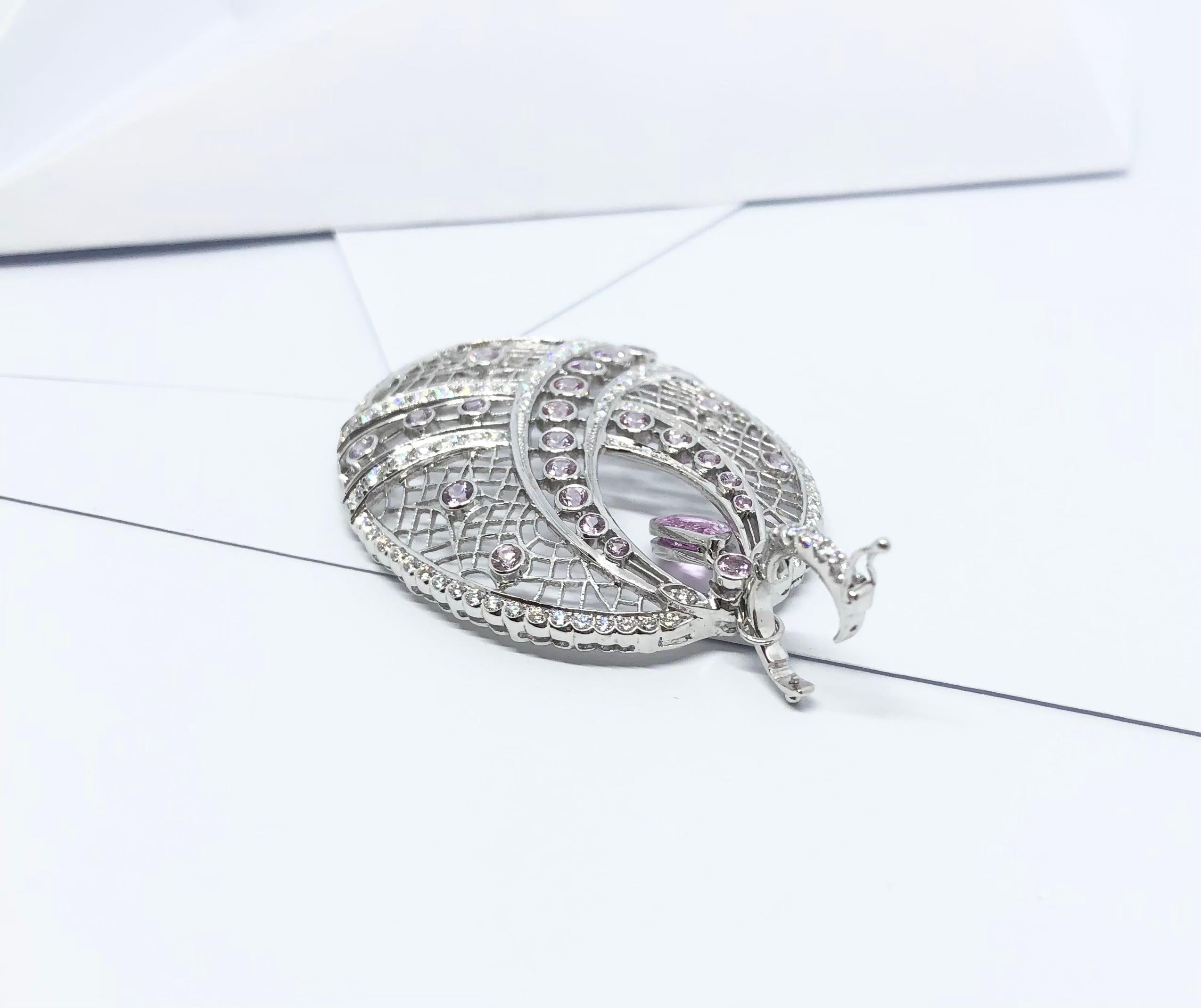 Art Deco Pink Sapphire and Diamond Pendant Set in 18 Karat White Gold Settings For Sale