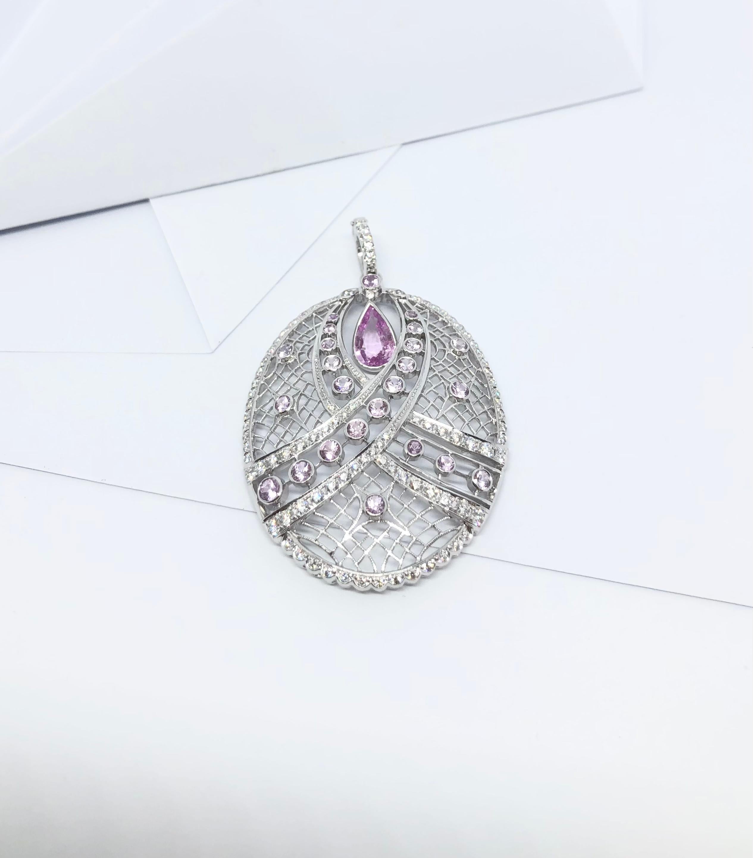 Women's Pink Sapphire and Diamond Pendant Set in 18 Karat White Gold Settings For Sale