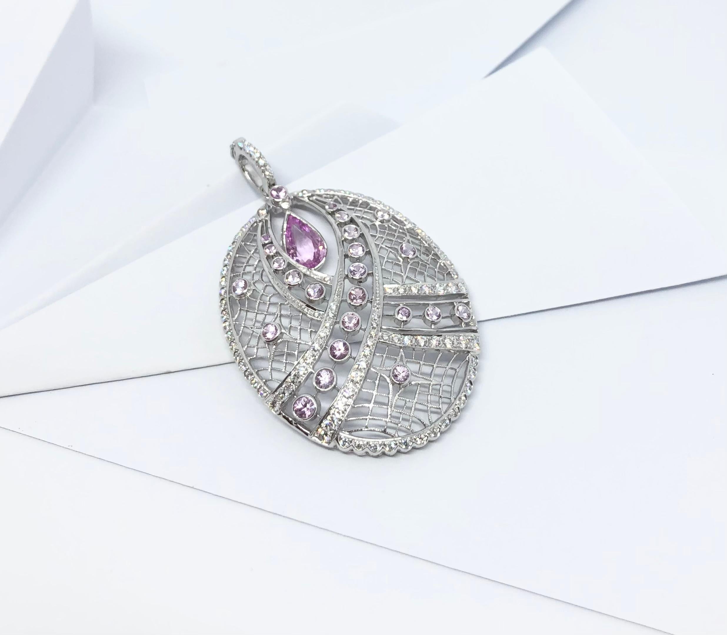 Ciondolo con zaffiro rosa e diamante incastonato in oro bianco 18 carati in vendita 3