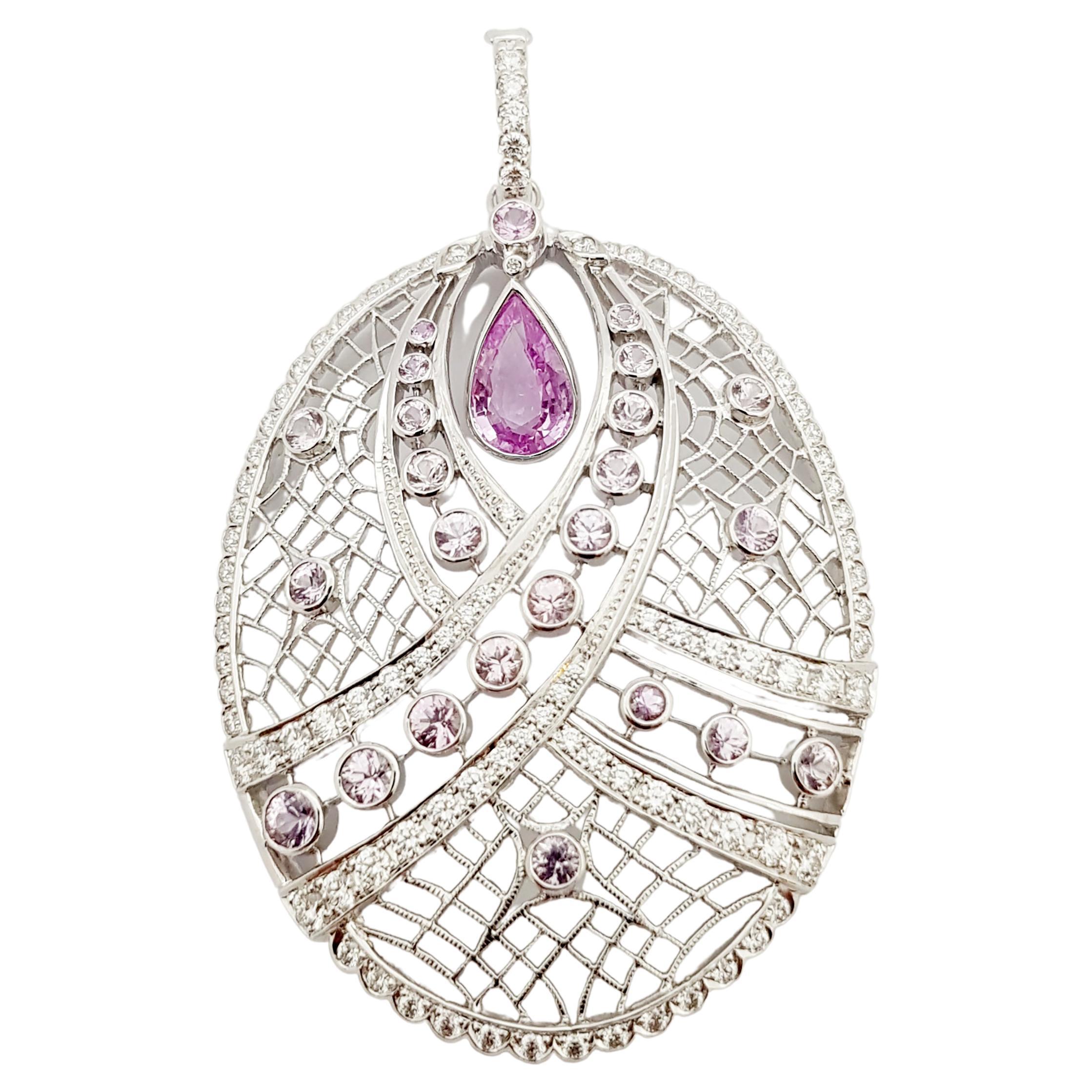 Pink Sapphire and Diamond Pendant Set in 18 Karat White Gold Settings For Sale