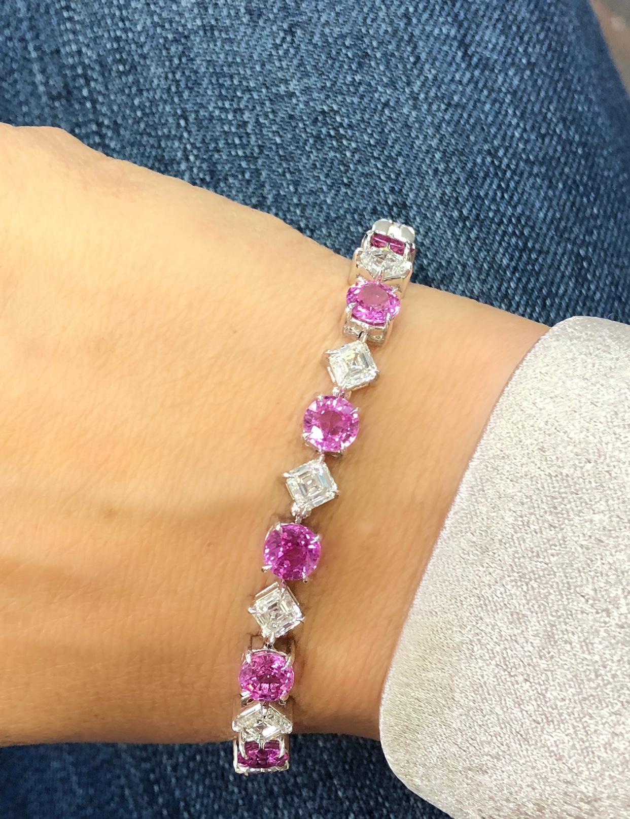 Pink Sapphire and Diamond Platinum Bracelet In New Condition For Sale In New York, NY