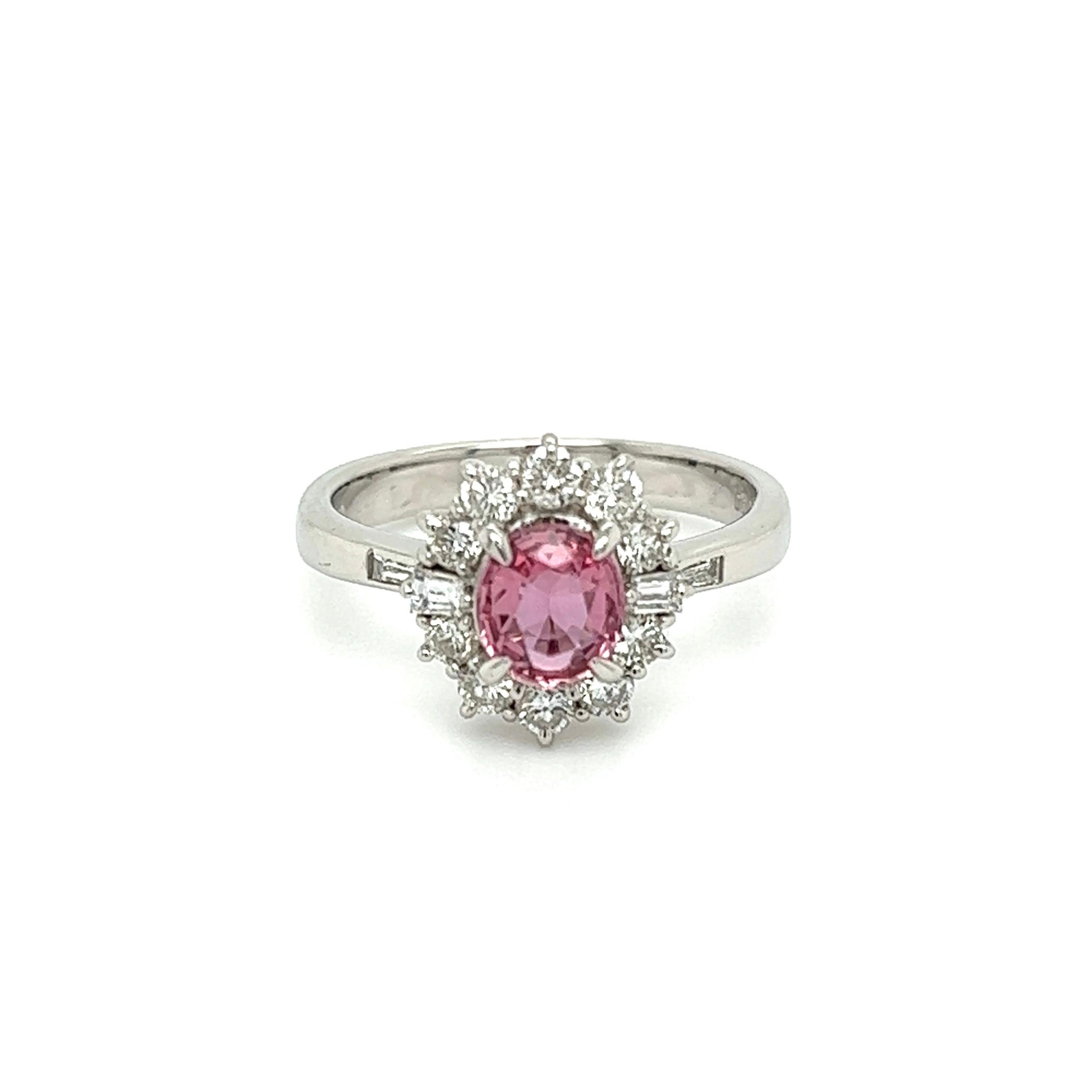 Mixed Cut Pink Sapphire and Diamond Platinum Halo Ring For Sale