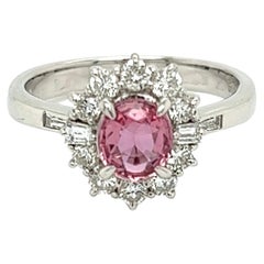 Pink Sapphire and Diamond Platinum Halo Ring