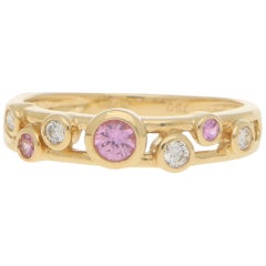 Pink Sapphire and Diamond Retro Bubble Ring Set in 18 Karat Yellow Gold