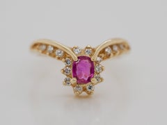 Pink Sapphire and Diamond Retro Wishbone/ Chevron Ring in 14 Karat Yellow Gold