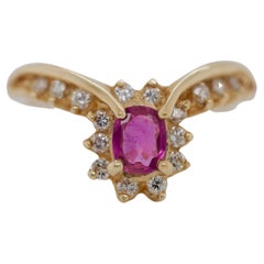 Pink Sapphire and Diamond Vintage Wishbone/ Chevron Ring in 14 Karat Yellow Gold