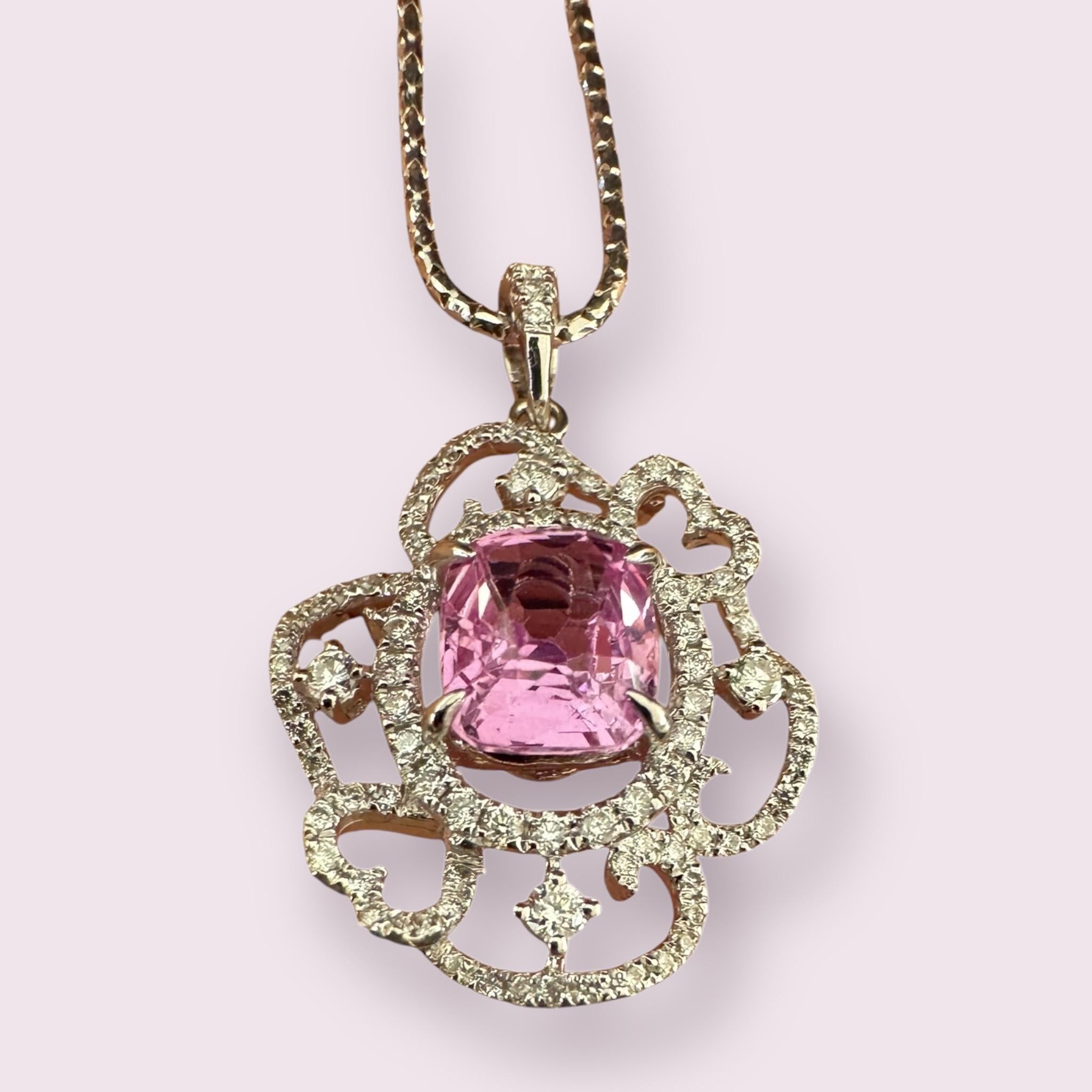 Cushion Cut Pink Sapphire and Diamond Ribbon Pendant For Sale