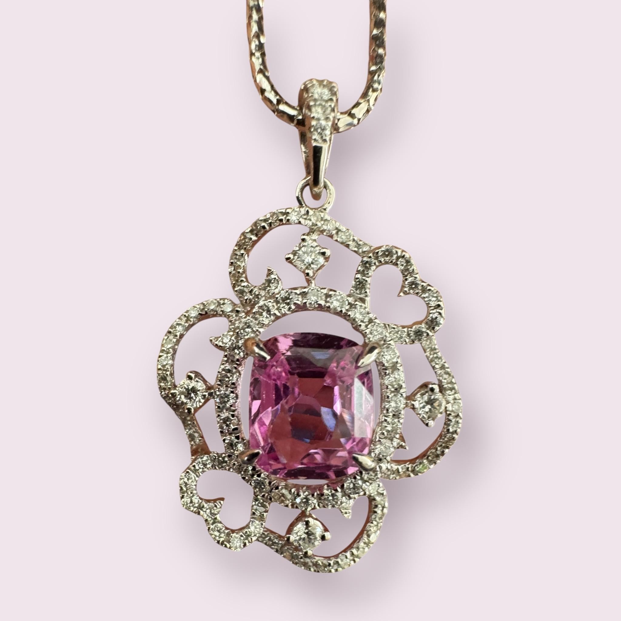 Pink Sapphire and Diamond Ribbon Pendant For Sale 1