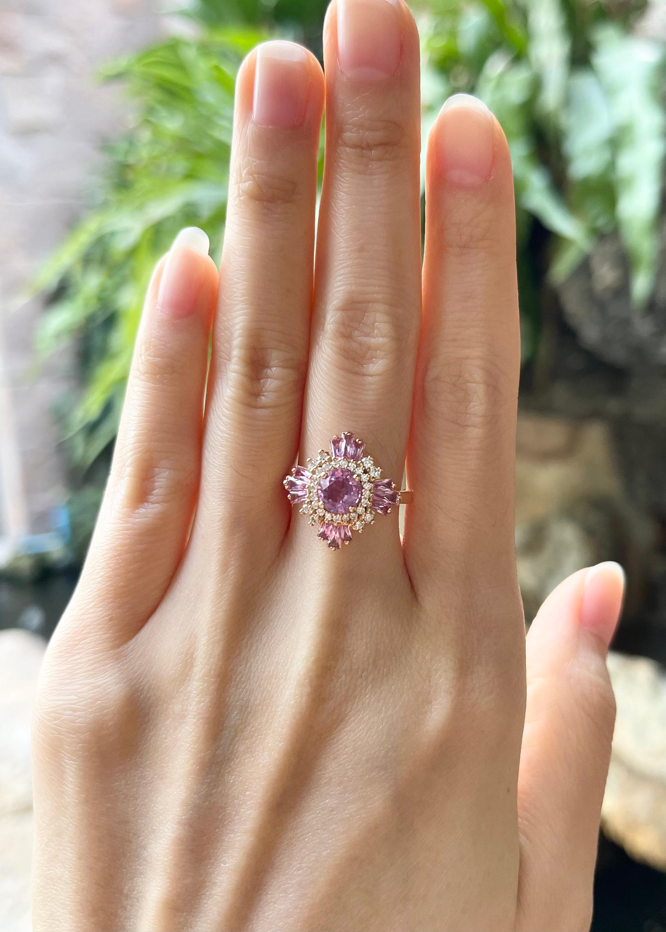 Pink Sapphire 1.30 carats, Pink Sapphire 1.21 carats and Diamond 0.26 carat Ring set in 18K Rose Gold Settings

Width:  1.6 cm 
Length: 1.6 cm
Ring Size: 51
Total Weight: 6.98 grams

