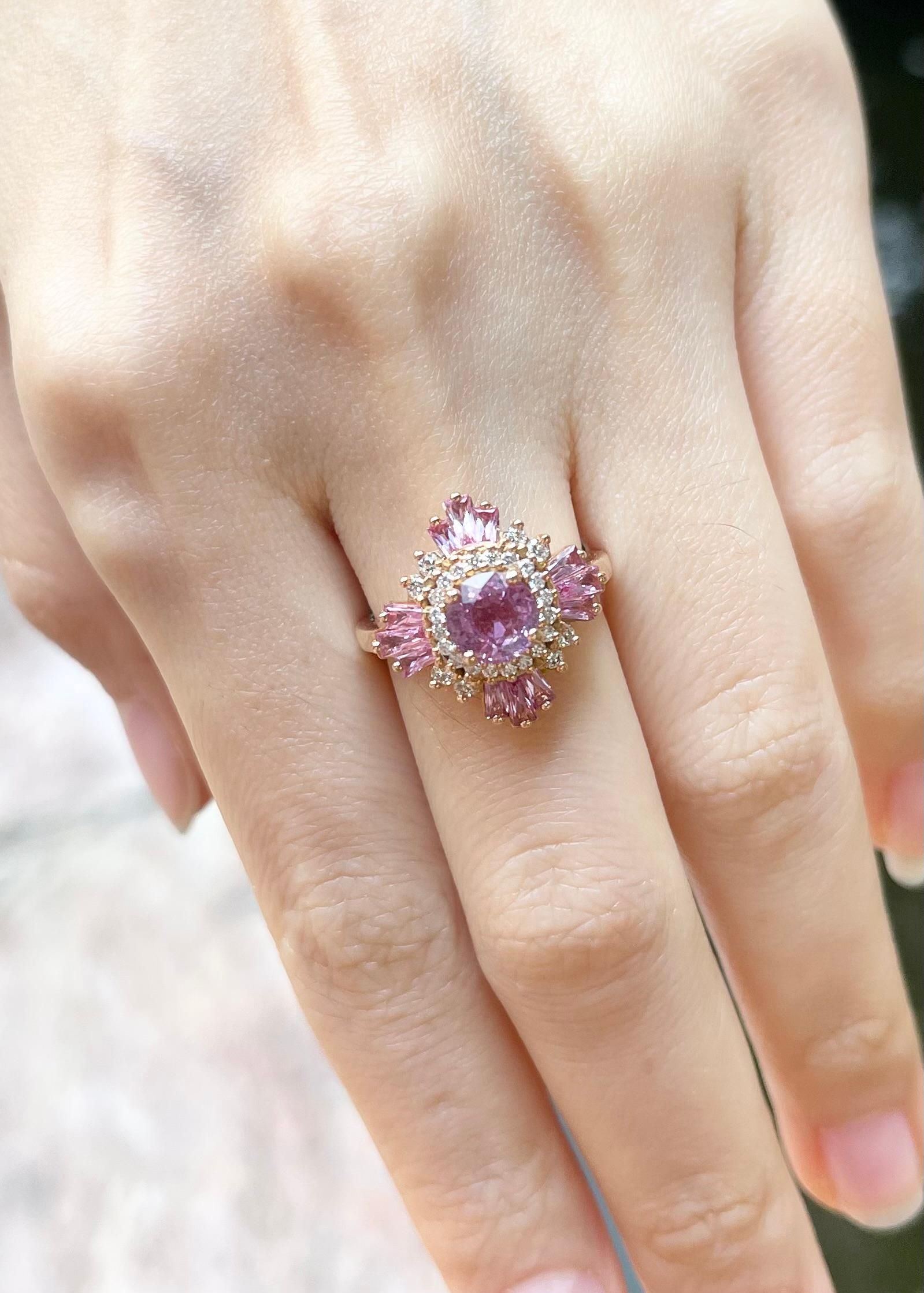 Mixed Cut Pink Sapphire and Diamond Ring set in 18K Rose Gold Settings For Sale