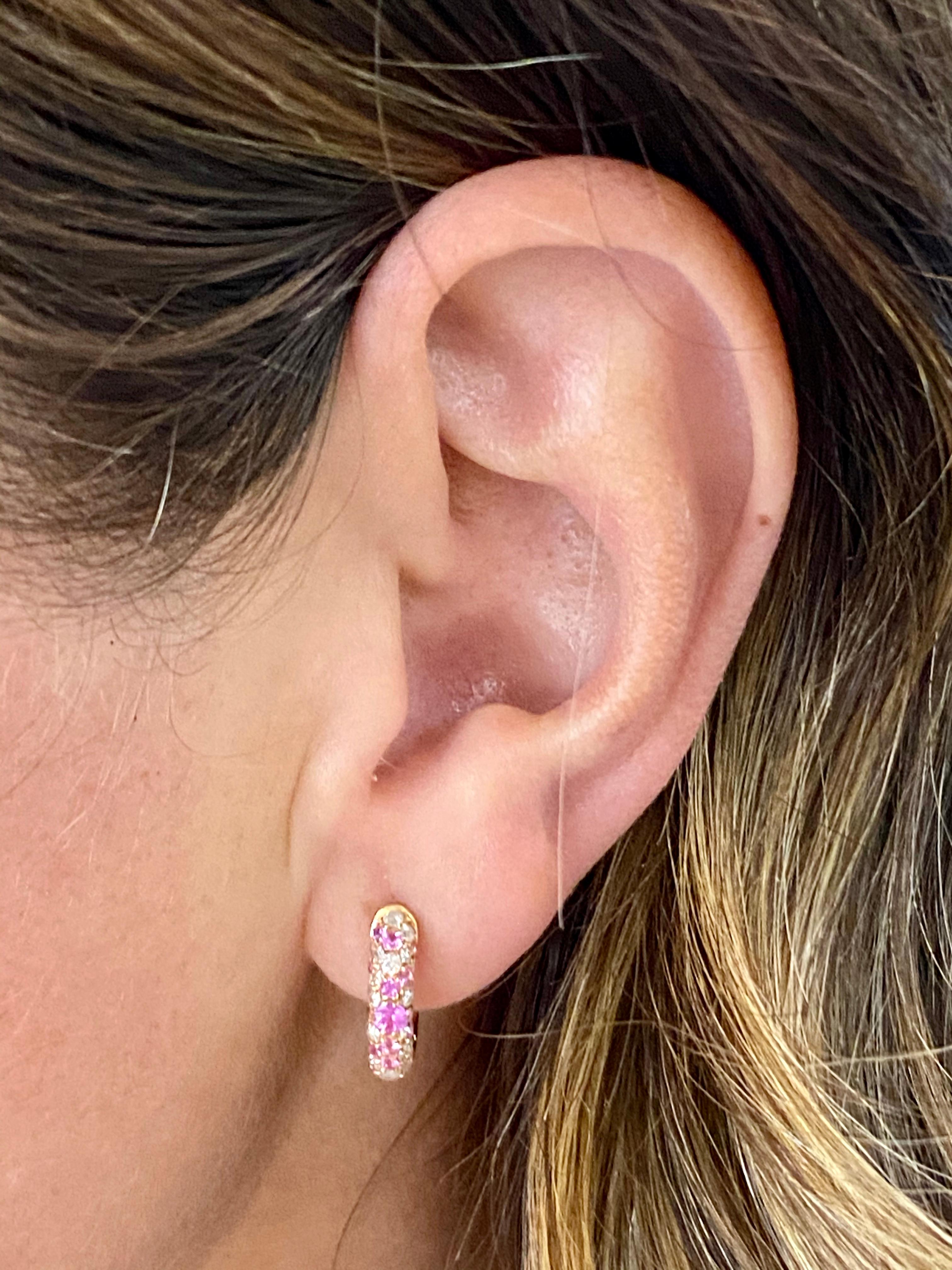 Pink Sapphire and Diamond Rose Gold Huggie Earrings In New Condition In Greenwich, CT