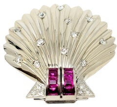 Pink Sapphire and Diamond Sea Shell Scallop Brooch in 14 Karat White Gold