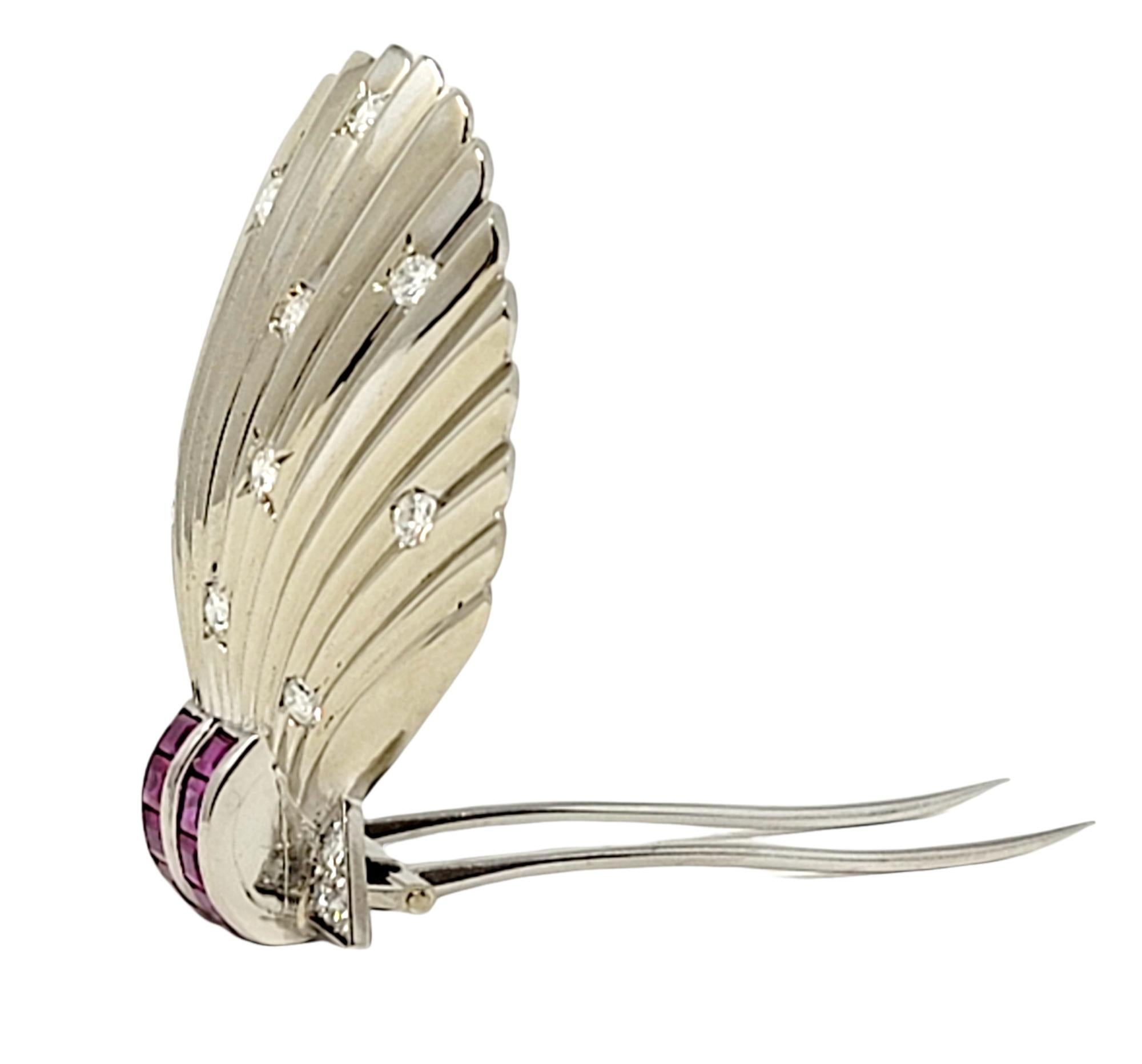 Women's Pink Sapphire and Diamond Sea Shell Scallop Brooch in 14 Karat White Gold For Sale