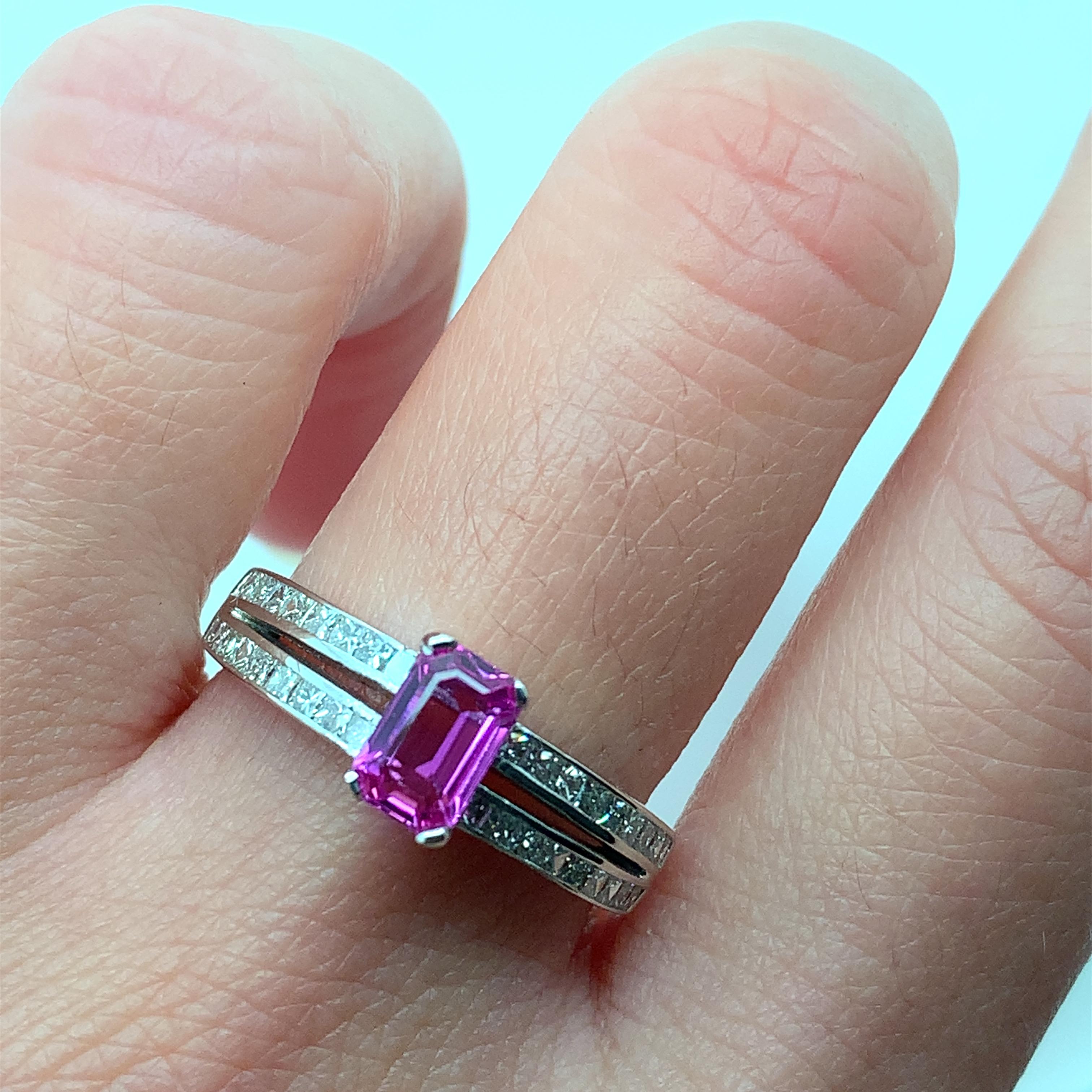 Emerald Cut Pink sapphire and diamond solitaire engagement ring 18ct white gold For Sale