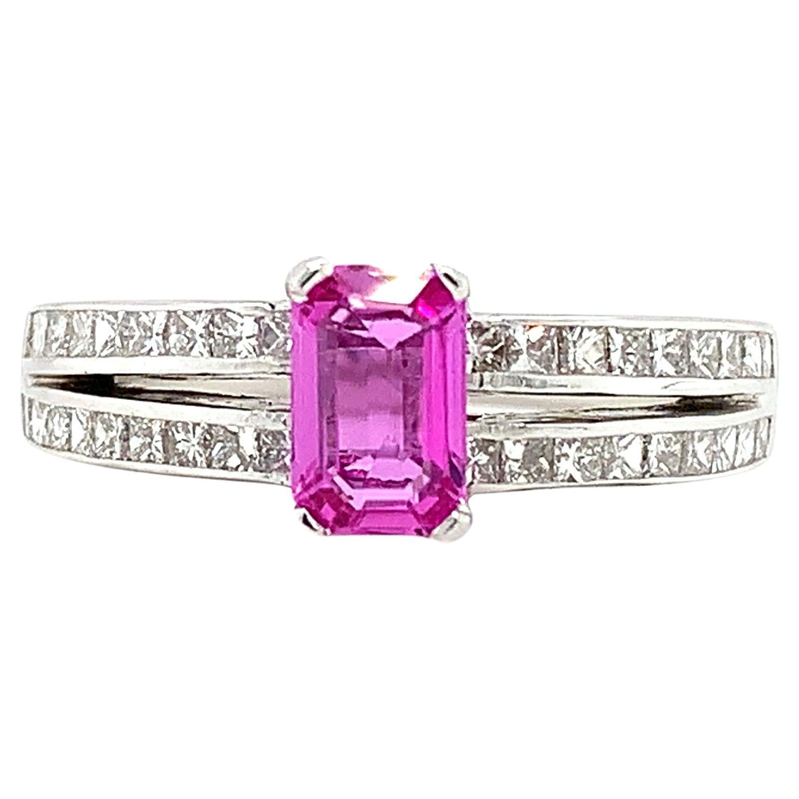 Pink sapphire and diamond solitaire engagement ring 18ct white gold For Sale