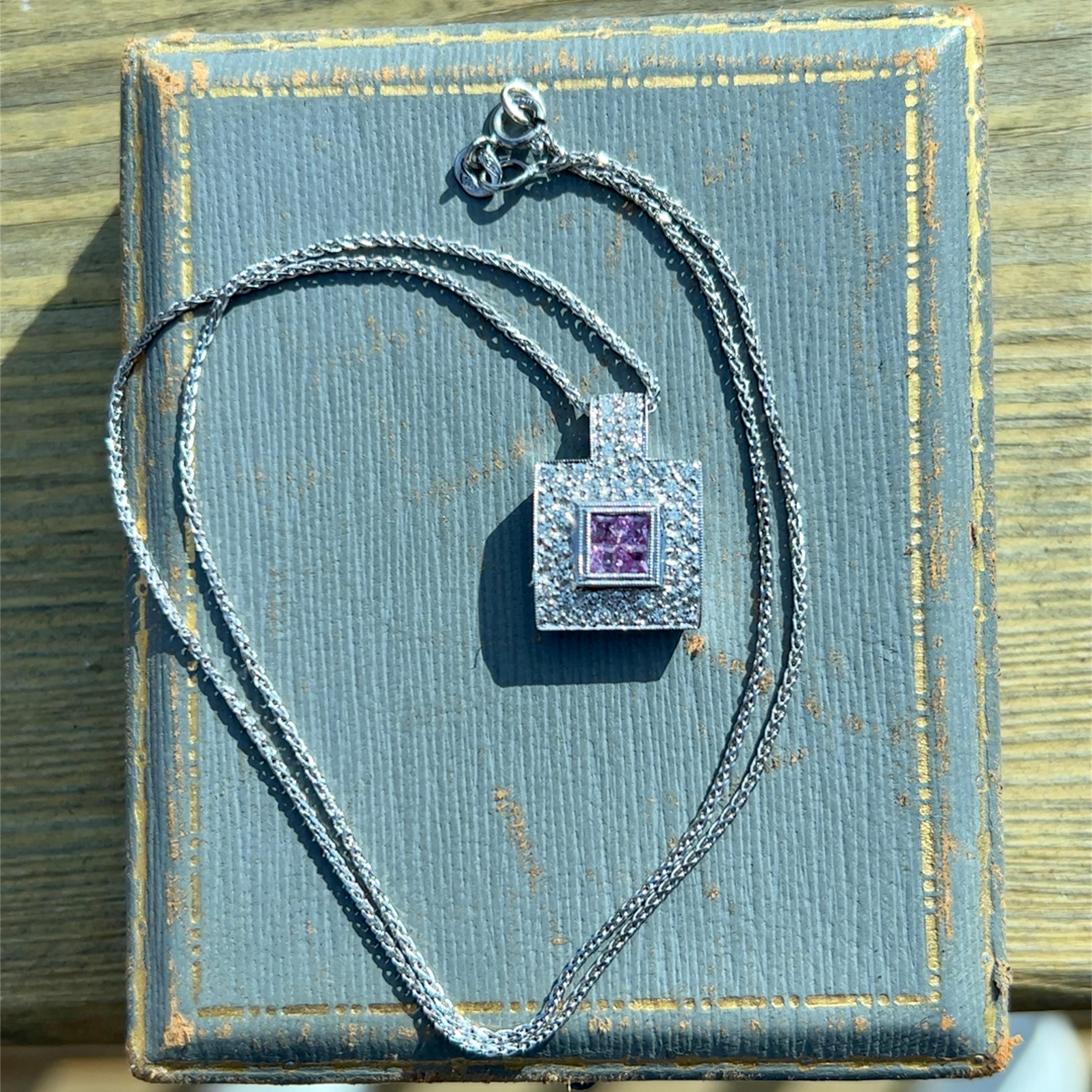 Square Cut Pink Sapphire and Diamond Square Pendant Necklace in 18K Gold For Sale