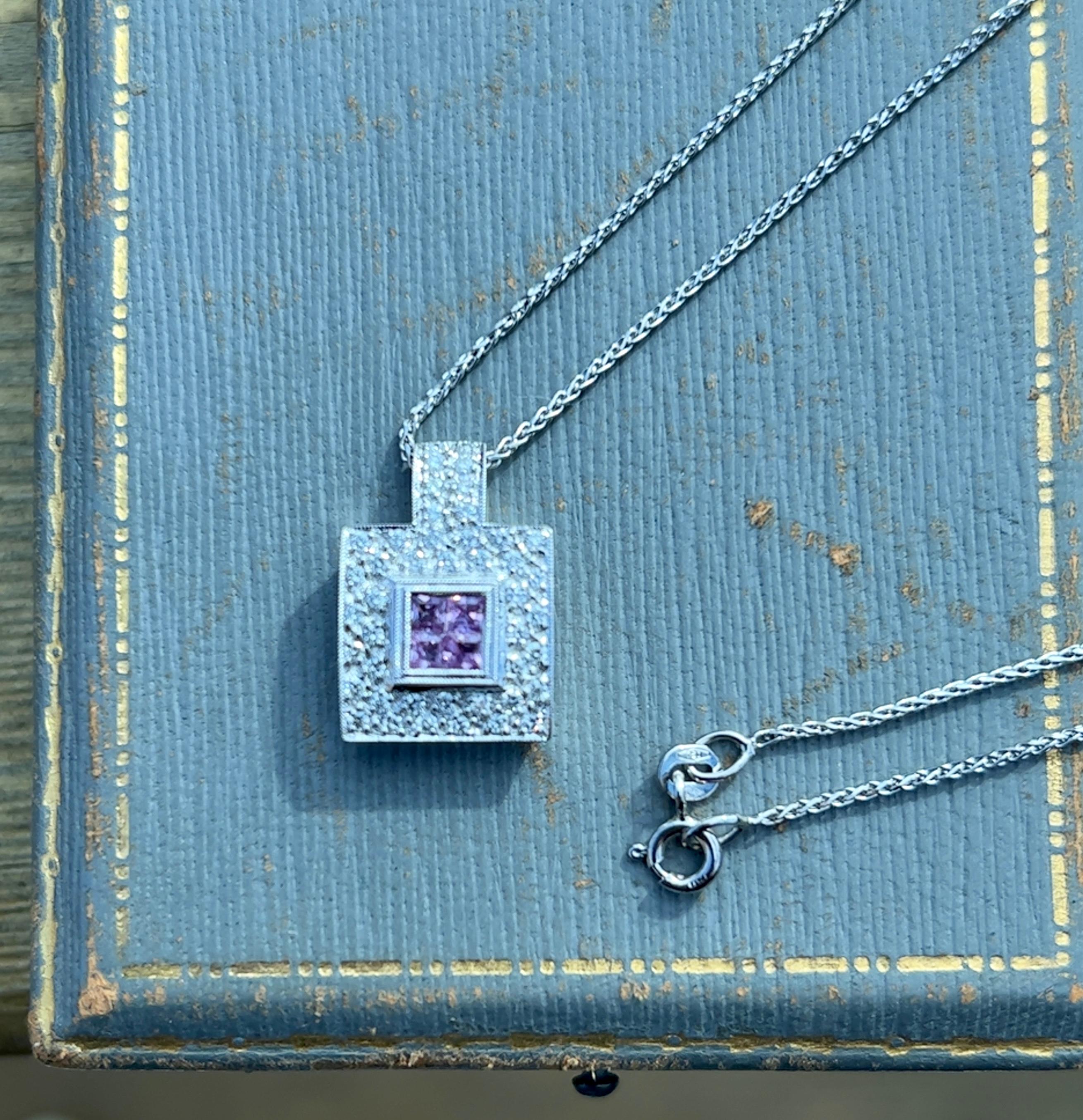 Pink Sapphire and Diamond Square Pendant Necklace in 18K Gold In Good Condition For Sale In Towson, MD