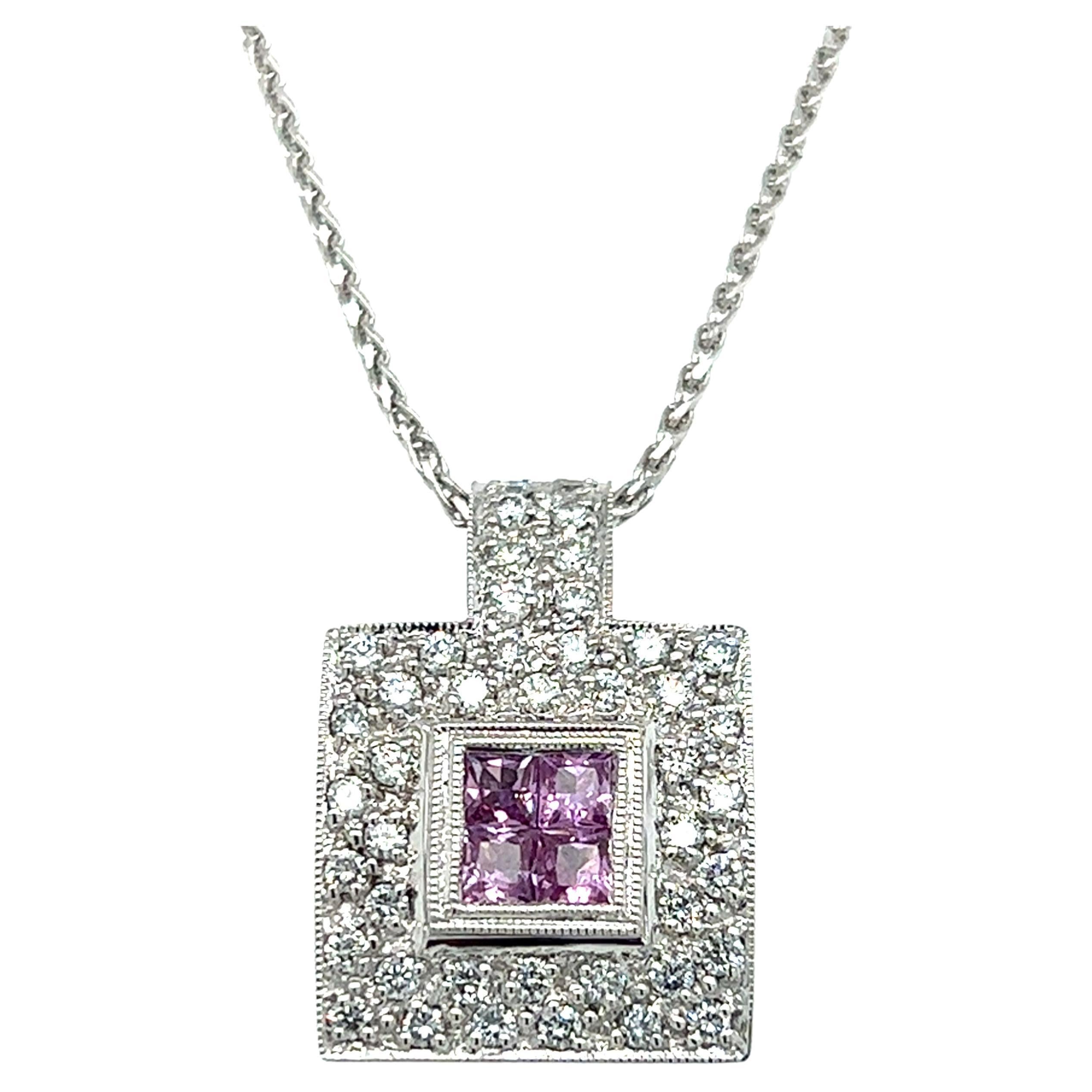 Pink Sapphire and Diamond Square Pendant Necklace in 18K Gold For Sale
