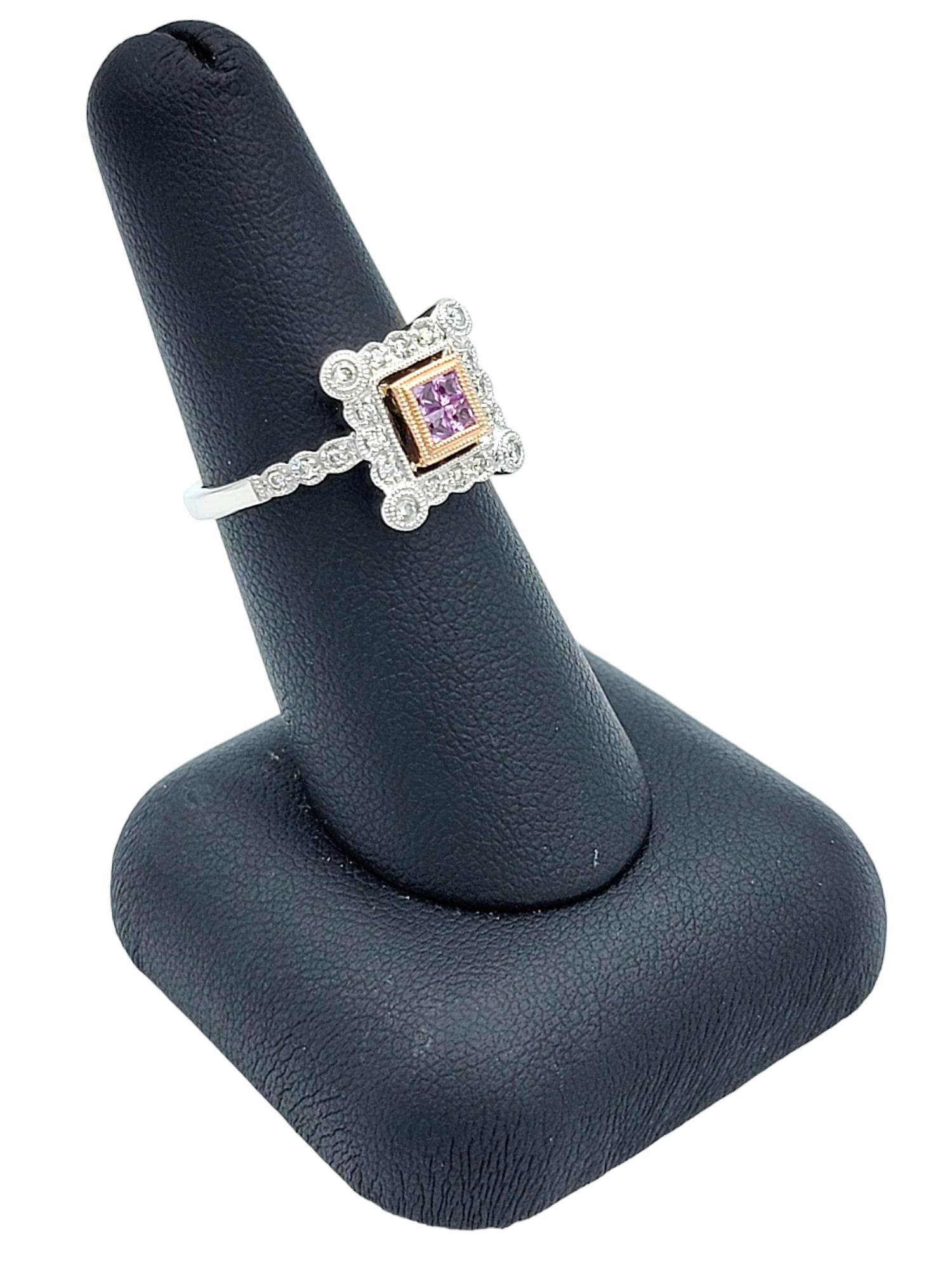Pink Sapphire and Diamond Squared Halo Ring Set in 14 Karat White and Rose Gold For Sale 4