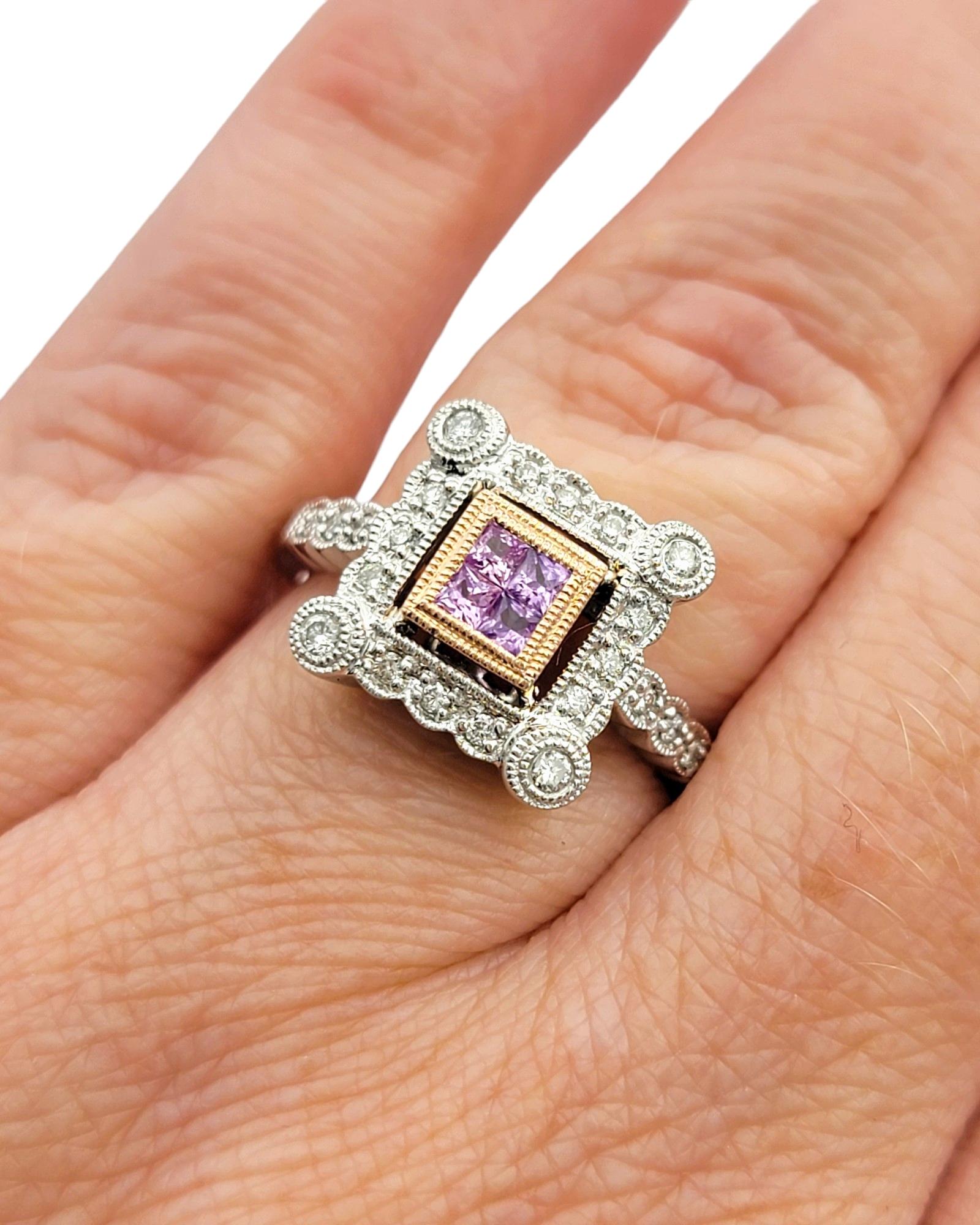 Pink Sapphire and Diamond Squared Halo Ring Set in 14 Karat White and Rose Gold For Sale 5