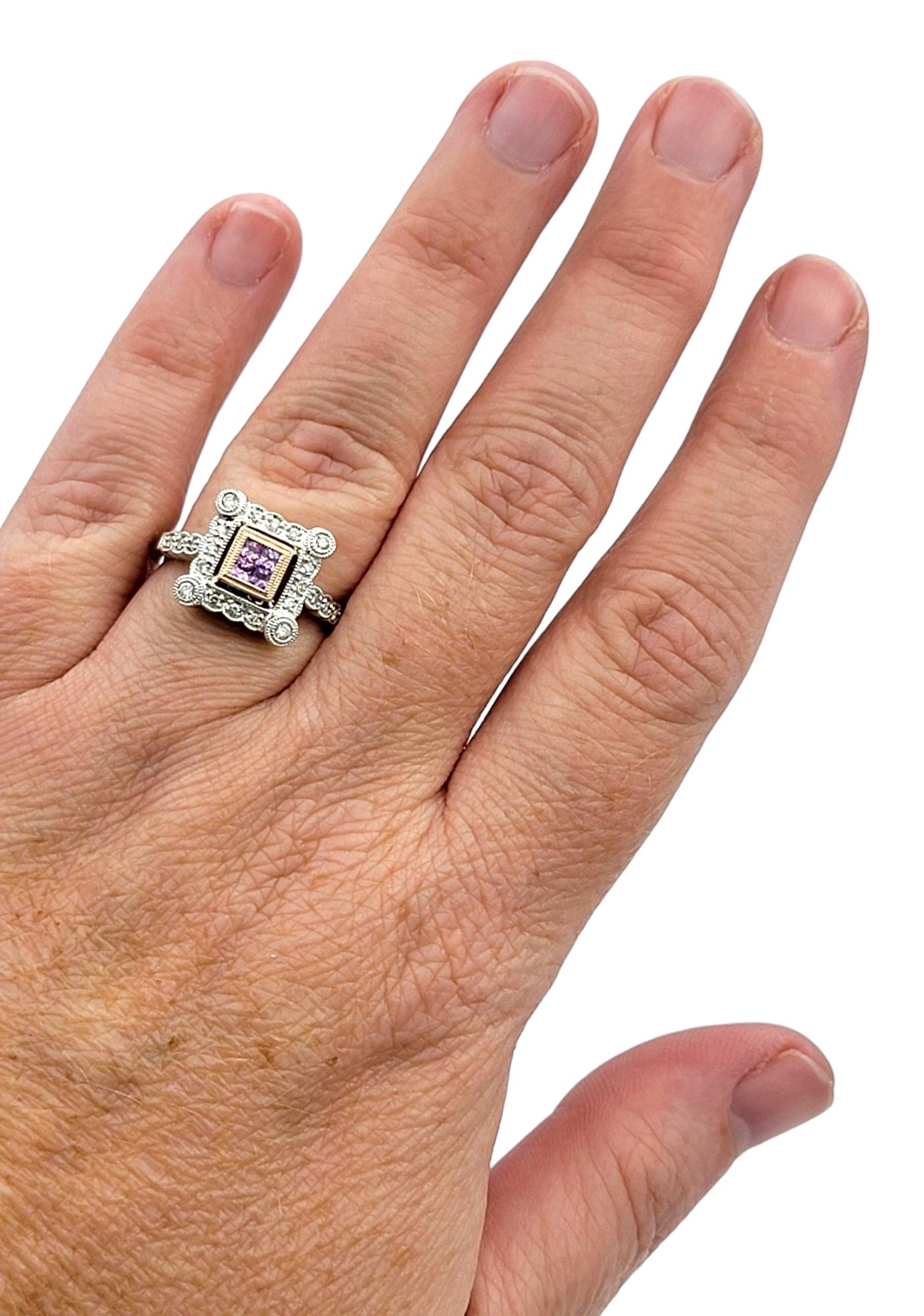 Bague carrée en or blanc et rose 14 carats sertie d'un saphir rose et d'un diamant en vente 6