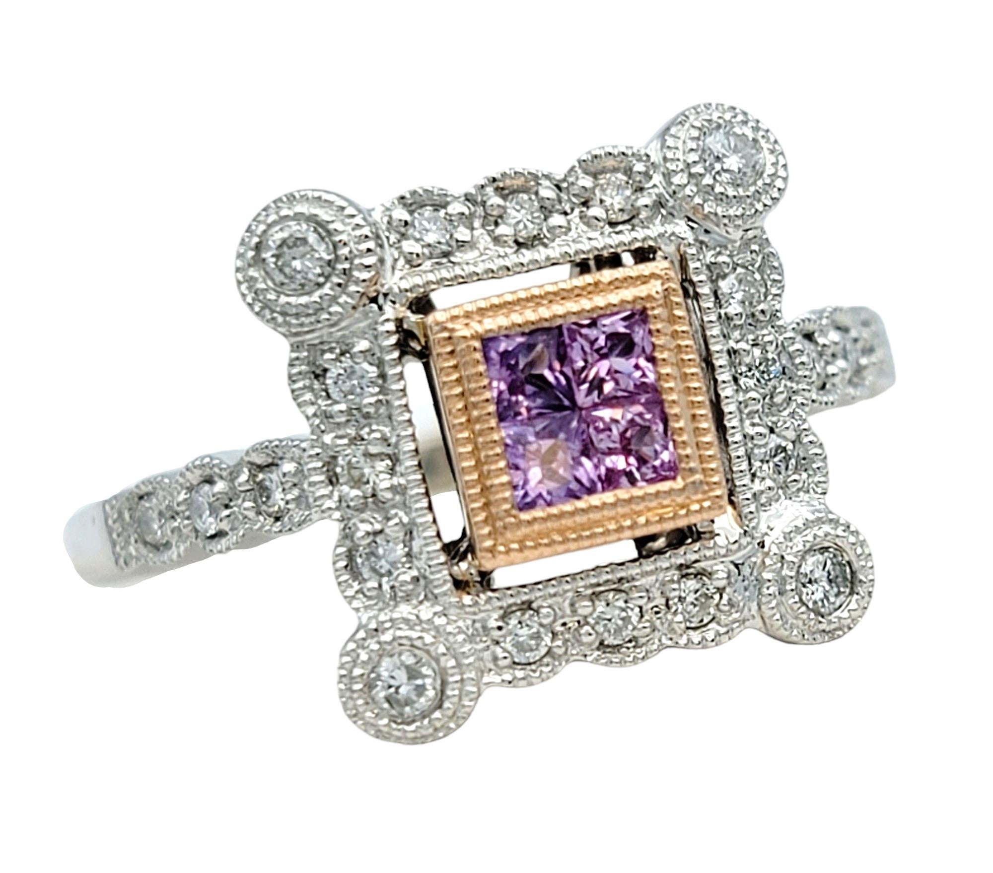 Ring Size: 7

Exuding feminine charm and elegance, this pink sapphire and diamond ring showcases a captivating design crafted in 14 karat gold. At the heart of the ring, four square pink sapphires are artfully arranged in an invisible setting,