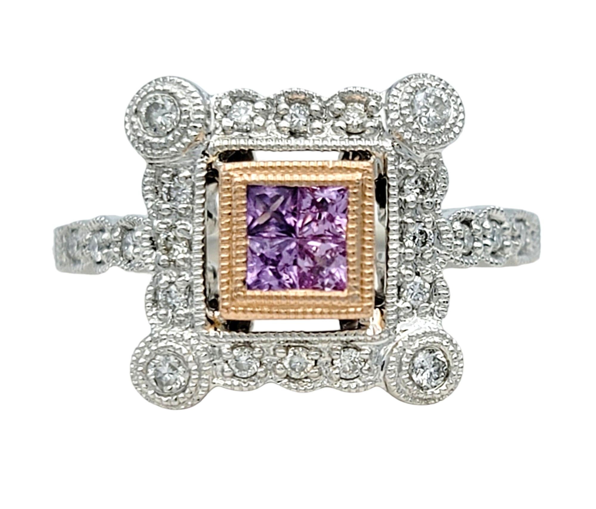 Contemporary Pink Sapphire and Diamond Squared Halo Ring Set in 14 Karat White and Rose Gold For Sale