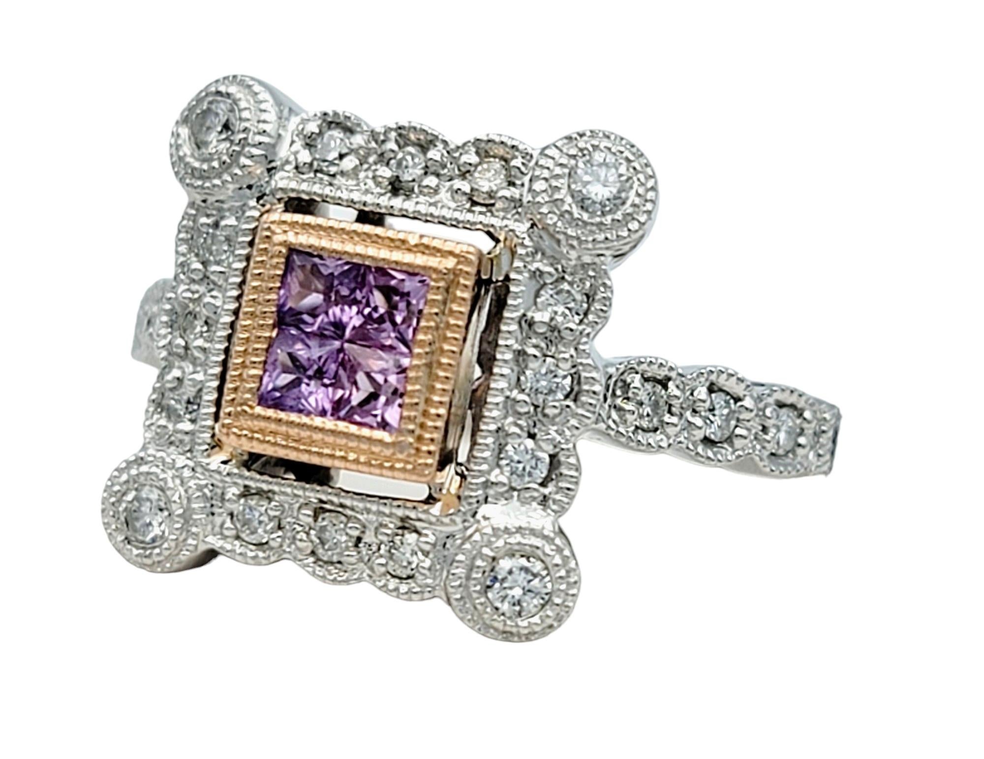 Square Cut Pink Sapphire and Diamond Squared Halo Ring Set in 14 Karat White and Rose Gold For Sale