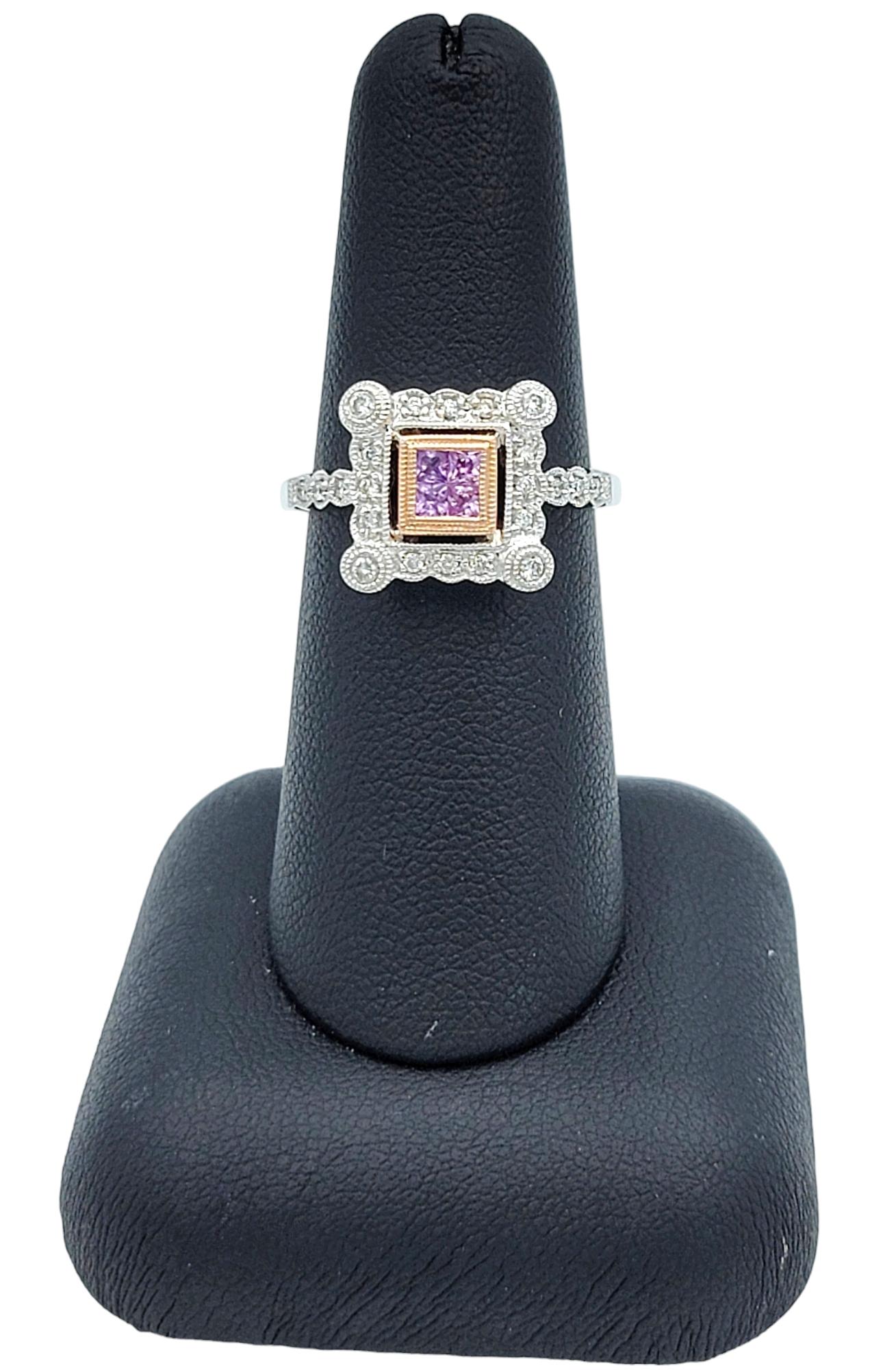 Pink Sapphire and Diamond Squared Halo Ring Set in 14 Karat White and Rose Gold For Sale 3