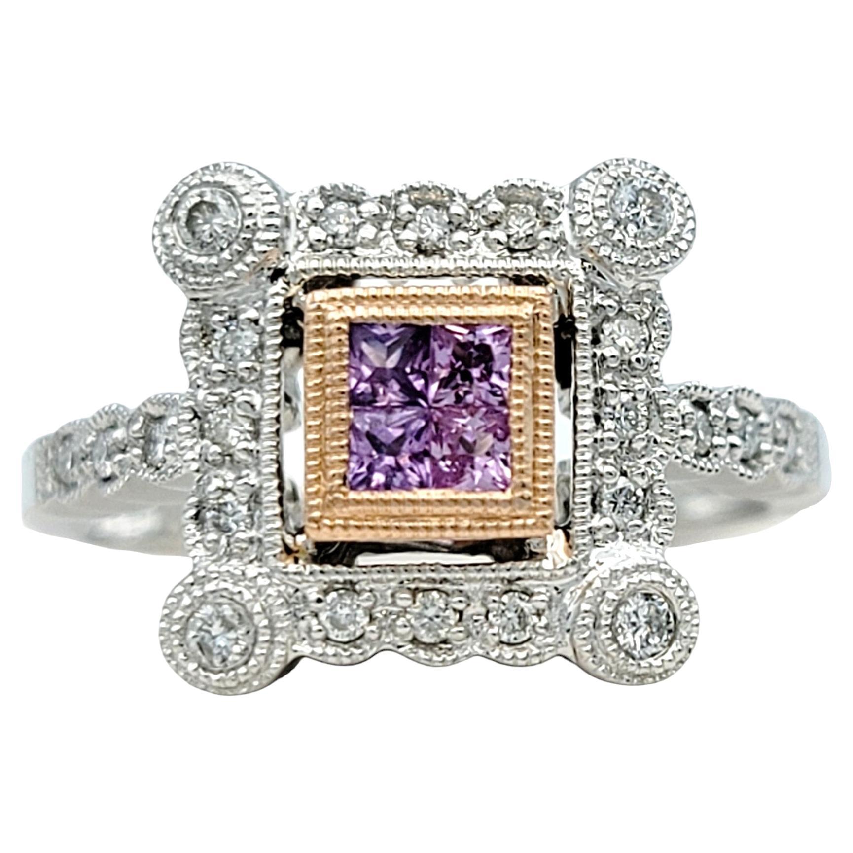 Pink Sapphire and Diamond Squared Halo Ring Set in 14 Karat White and Rose Gold For Sale