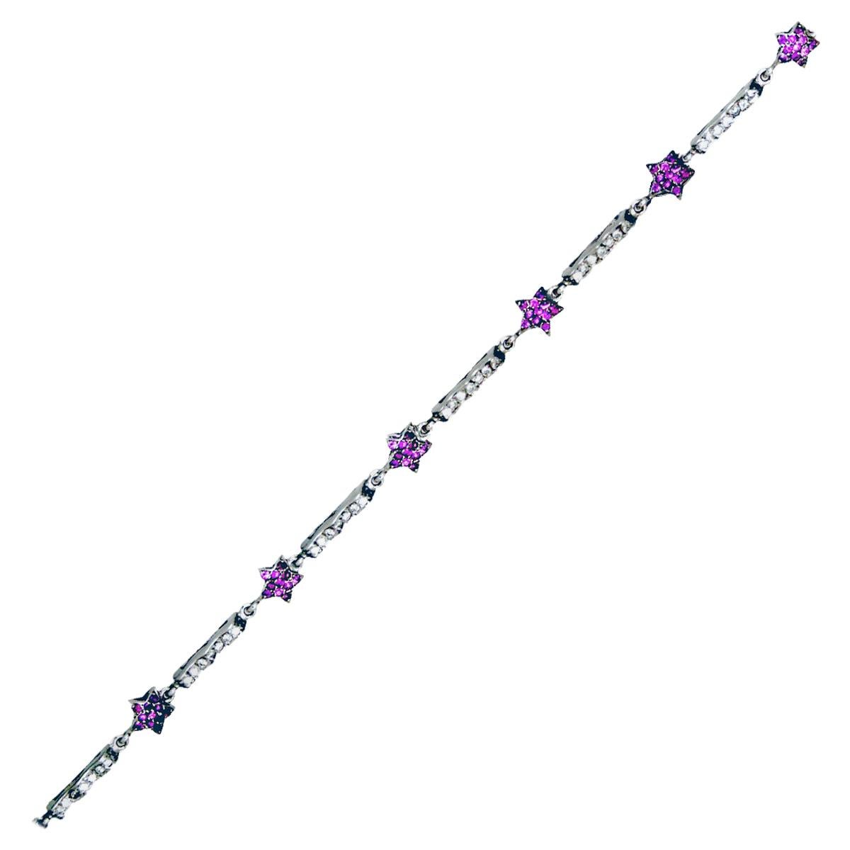 Bracelet tennis étoile en or blanc 1,20 carat avec saphir rose et diamants