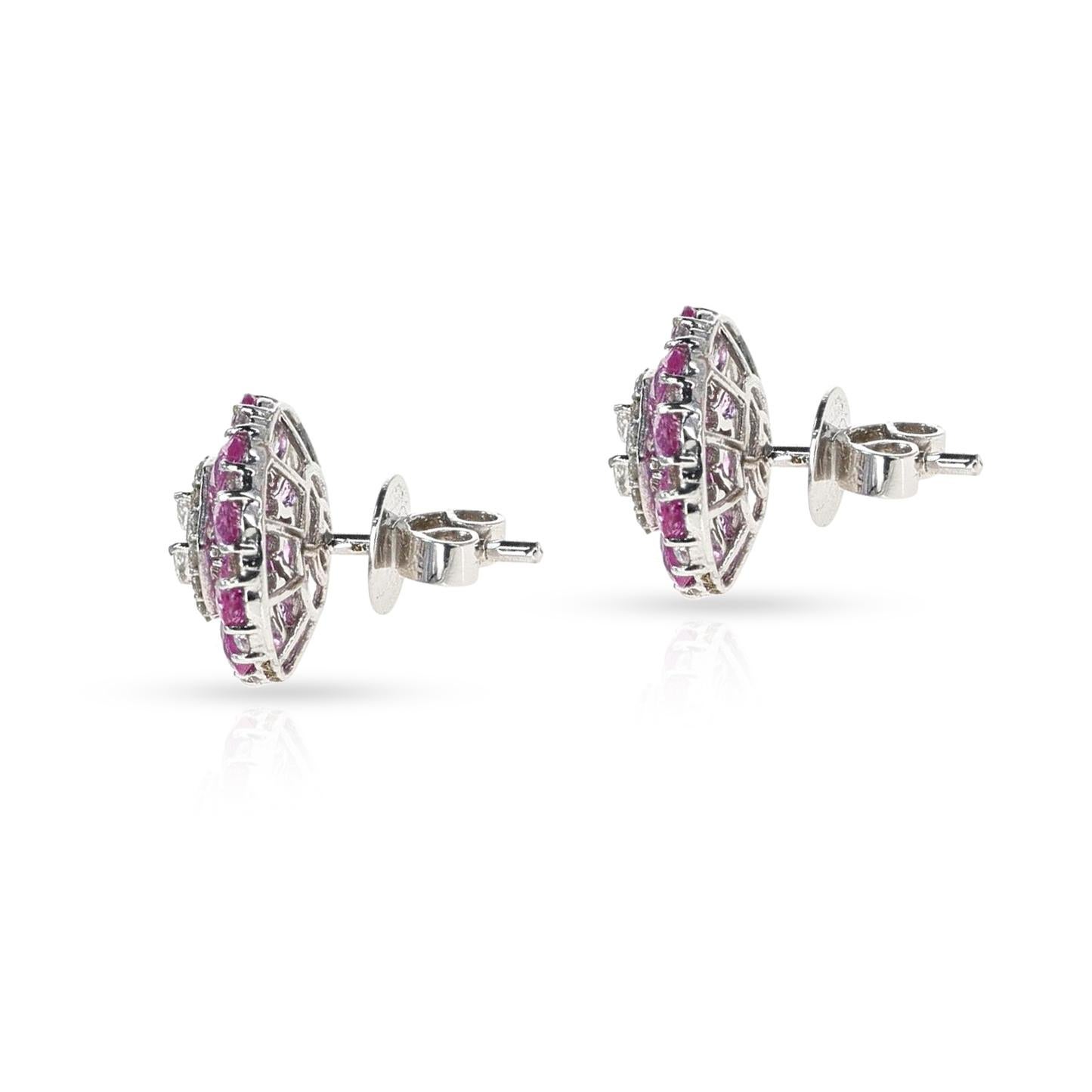A classic pair of earrings set with Oval Pink Sapphires and Diamonds. The diamonds weigh 0.78 carats and the pink sapphires weigh 4.33 carats. Made in 18k White Gold. The total weight of the earrings is 6.47 grams. The dimensions are 0.59