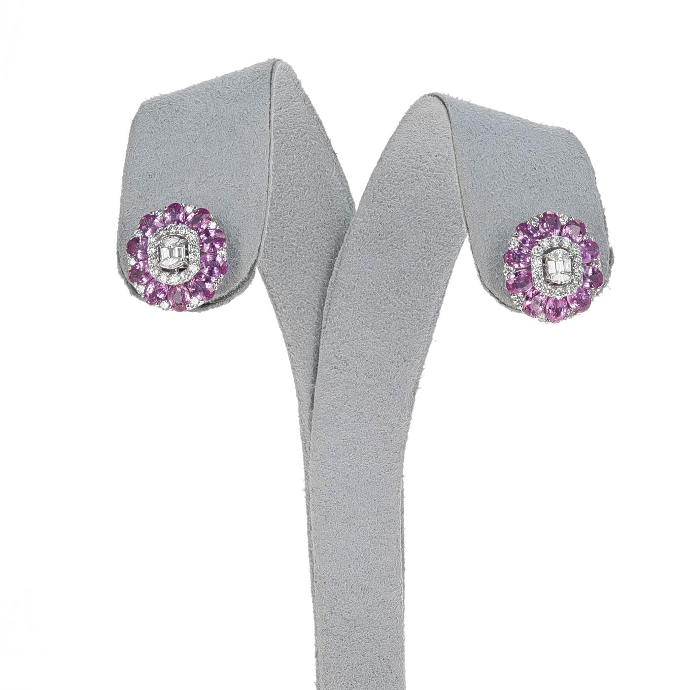 Oval Cut Pink Sapphire and Diamond Stud Earrings, 18k For Sale